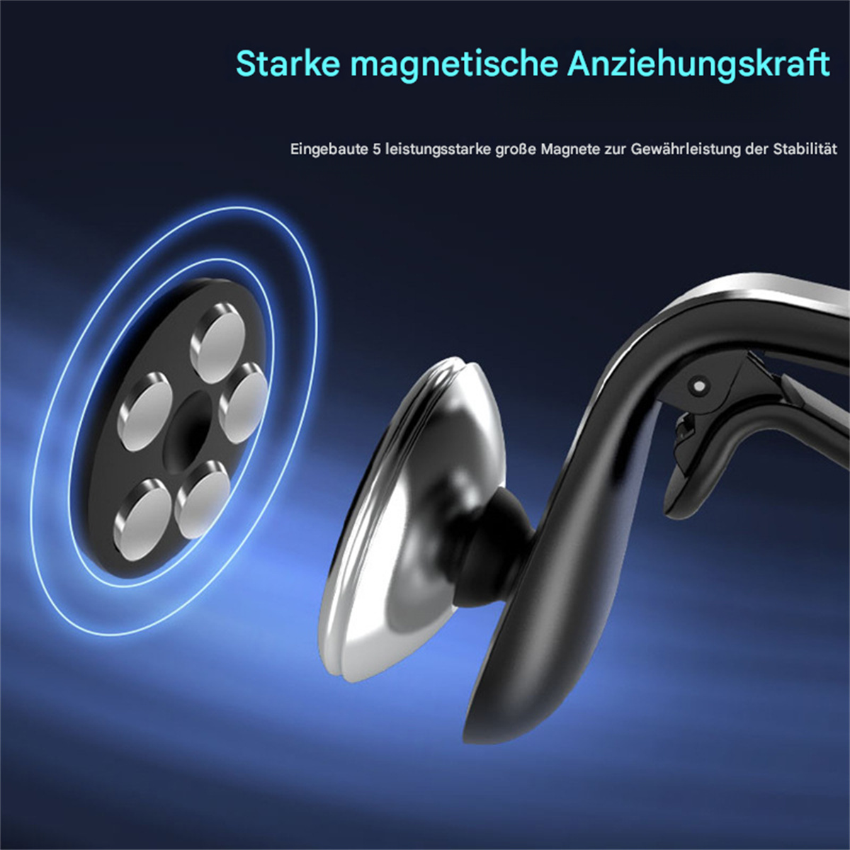 Magnetische Autohalterung mit silberner Basis und schwarzem Arm. Text erwähnt starke magnetische Anziehungskraft.