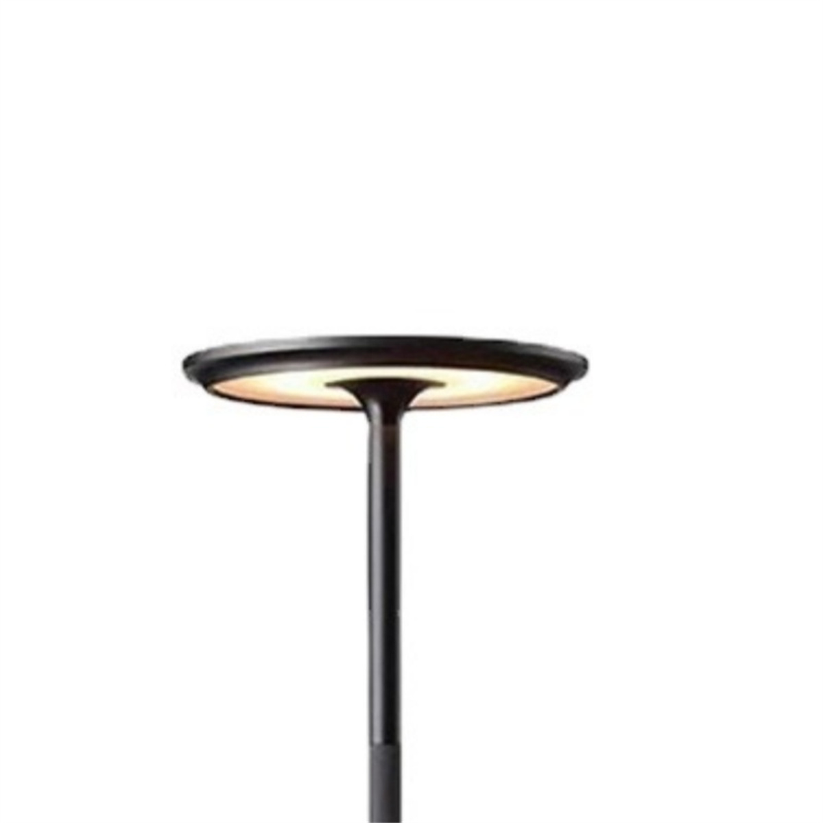 Moderne schwarze Außenlampe. Kreisförmige Lichtquelle oben, schwarzer Pfosten. Weißer Hintergrund.