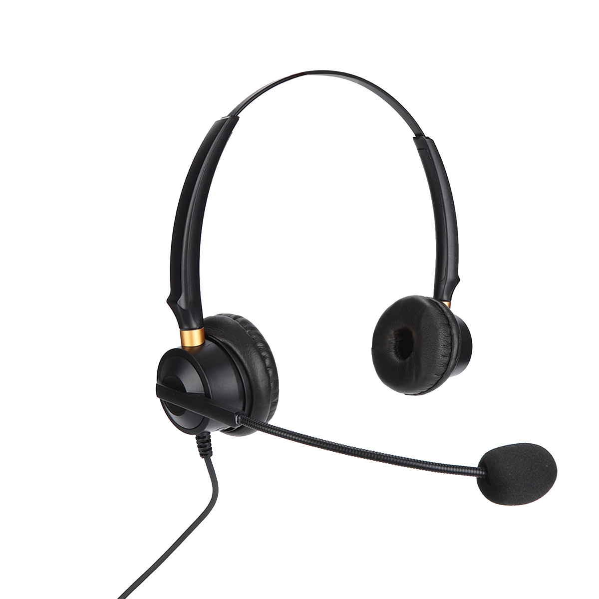 Schwarzes Headset mit Mikrofon, abgewinkelt und durch ein Kabel verbunden.