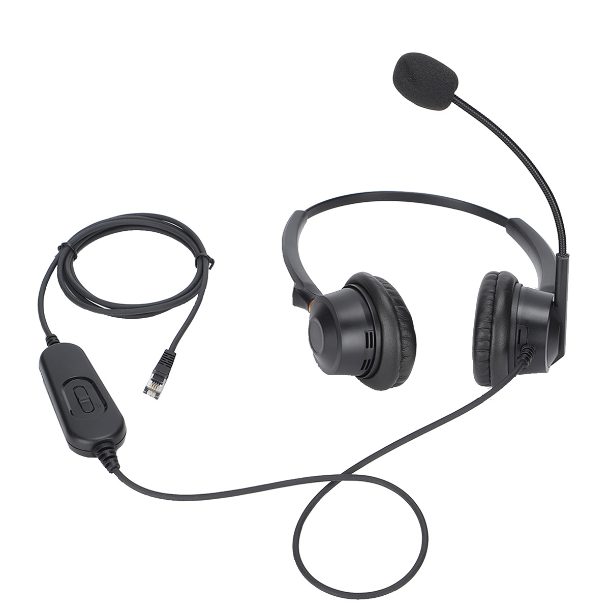 Schwarzes Headset mit Mikrofon. Enthält ein Kabel mit Bedienelement und RJ45-Anschluss.