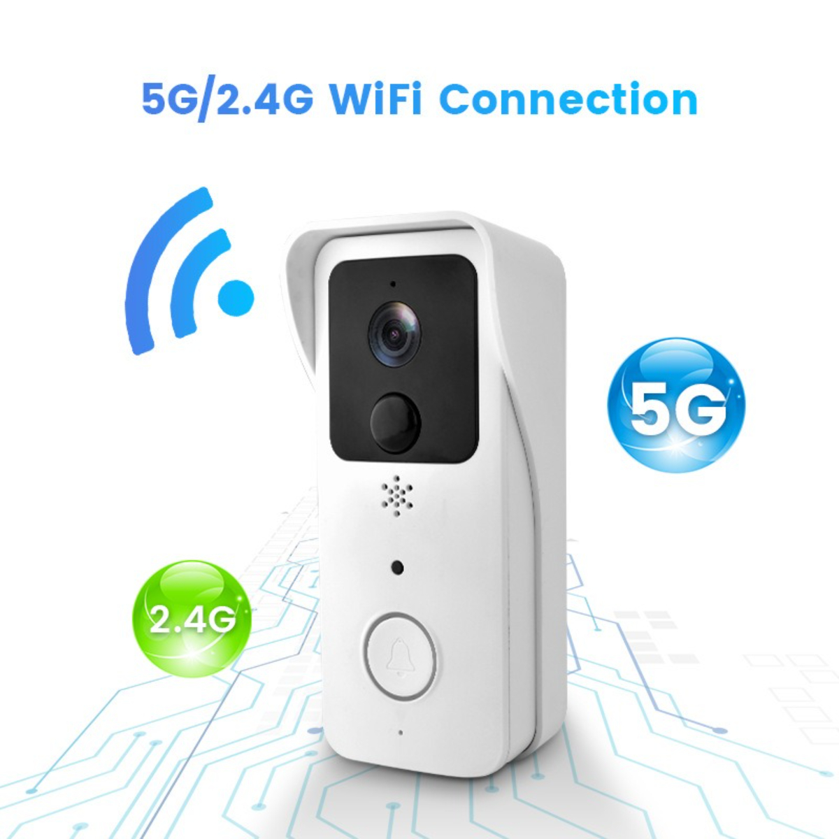 Eine weiße Türklingelkamera mit einem blauen WLAN-Symbol und einem grünen 2,4G-Symbol auf blauem Hintergrund.