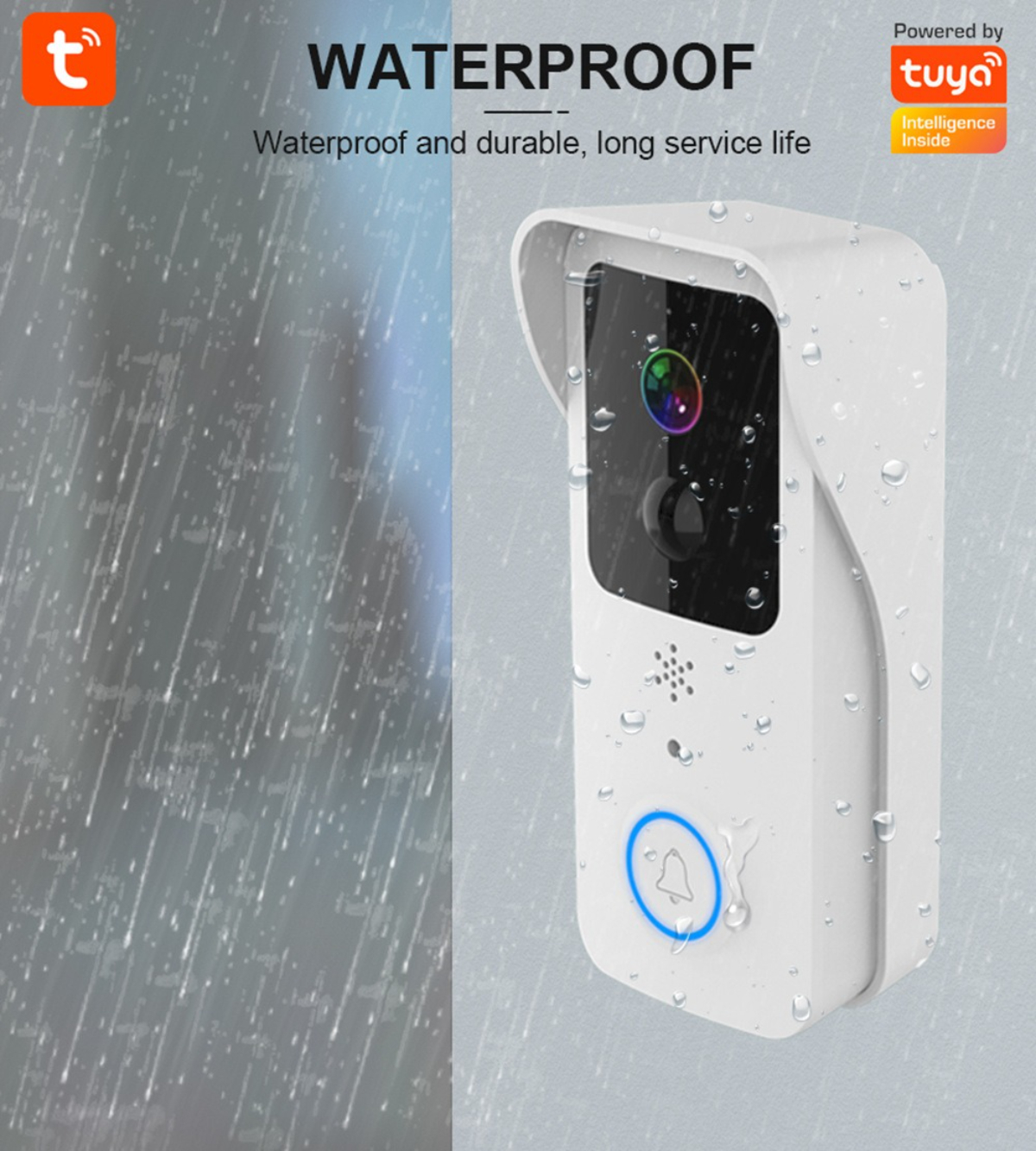 Weiße Türklingel mit Kamera. Wasserdichtes Design mit Regentropfen im Hintergrund. Tuya-Logo.
