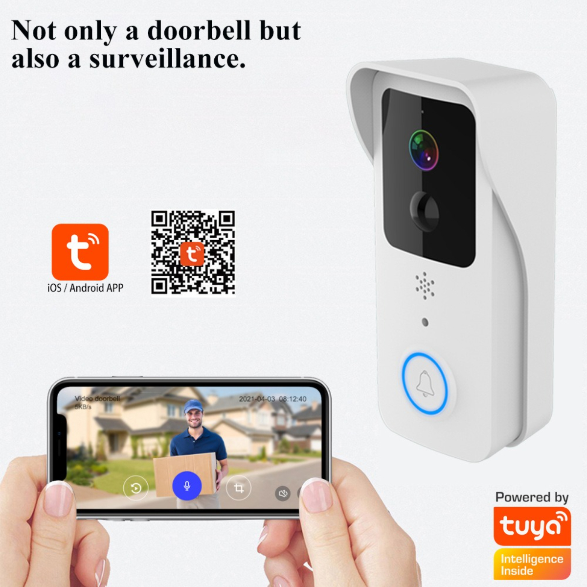 Eine weiße Video-Türklingel mit einem Telefon, das einen Mann mit einer Box zeigt. Ein QR-Code und das Tuya-Logo sind zu sehen.