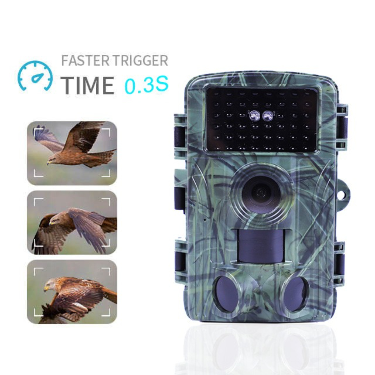 Tarnfarbene Wildkamera mit Bildern von fliegenden Vögeln und dem Text 'Faster Trigger Time 0.3S'.