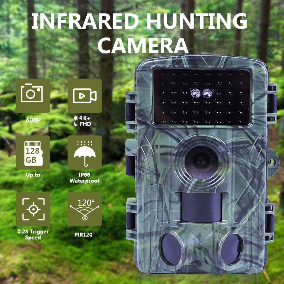Infrarot-Wildkamera mit Symbolen und Text, in einer Waldumgebung.