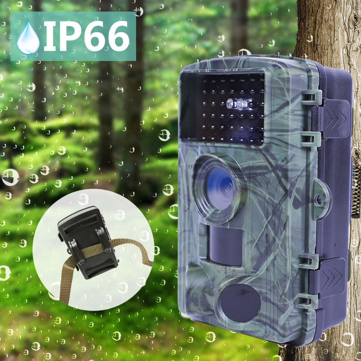 Eine tarnfarbene Außenkamera mit Riemen, an einem Baum montiert, mit Regen und IP66-Text.