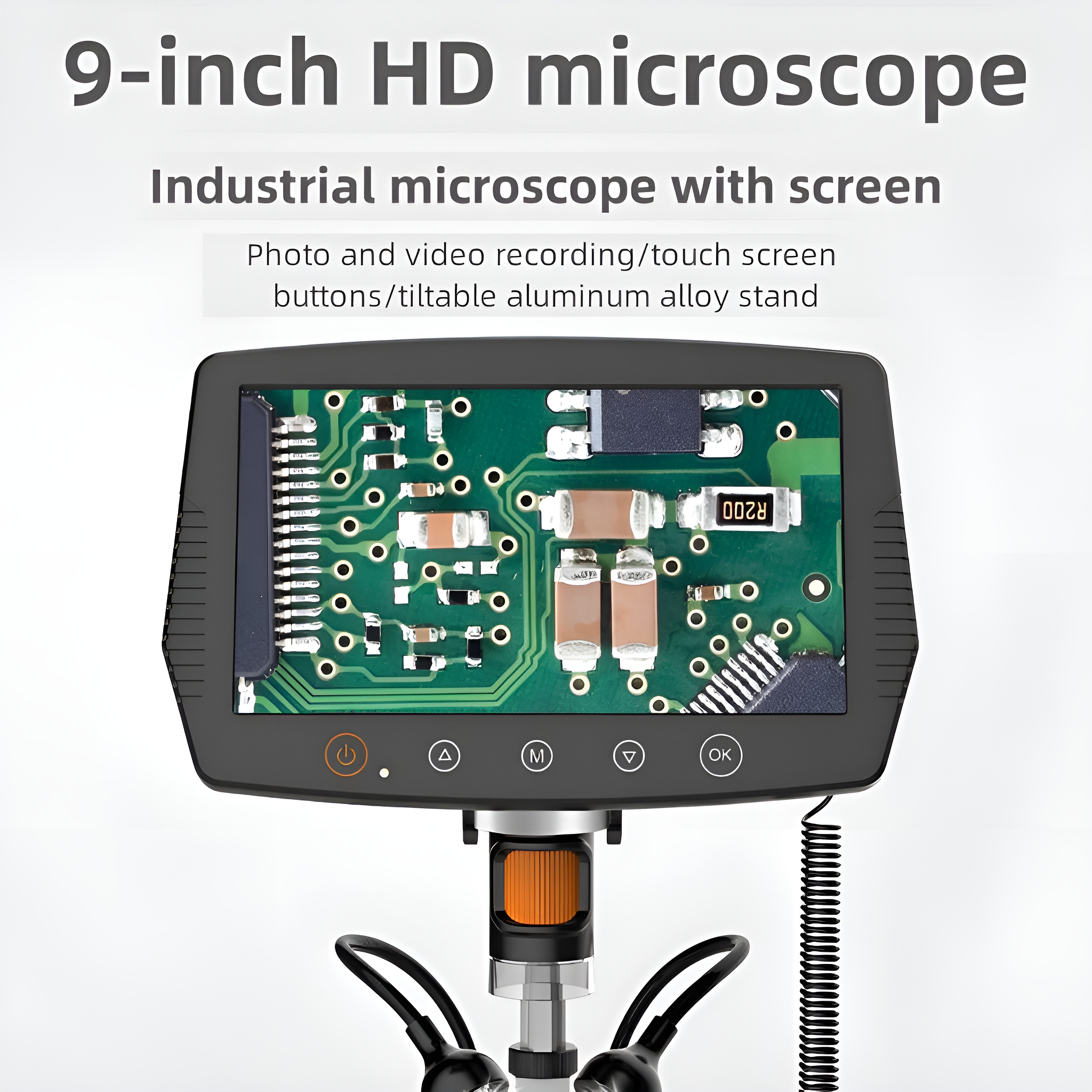 Ein 9-Zoll-HD-Industriemikroskop mit Bildschirm, der eine Leiterplatte anzeigt.