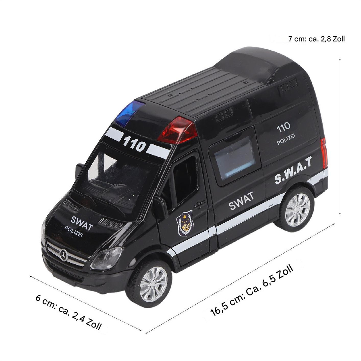 Ein schwarzes SWAT-Polizeifahrzeug-Spielzeug. Es hat beschriftete Abmessungen und verfügt über ein Polizeilogo und Blinklichter.