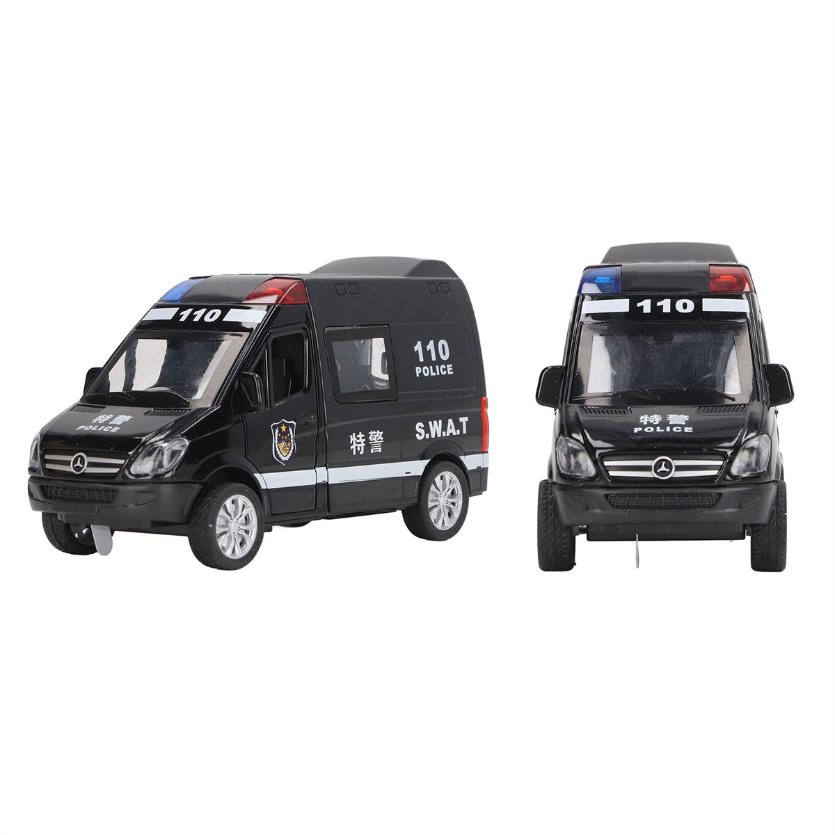Zwei Spielzeug-SWAT-Vans, einer von der Seite und einer von vorne betrachtet.