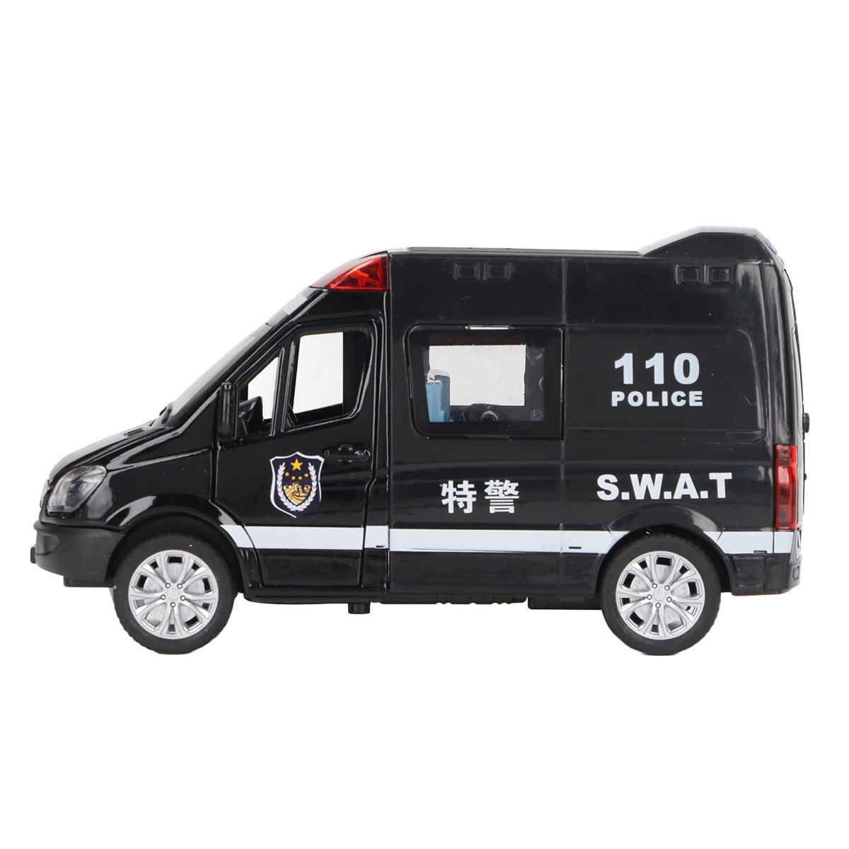 Schwarzes SWAT-Van-Spielzeug mit rotem Licht oben. Hat den Text '110 POLICE' und 'S.W.A.T' darauf.