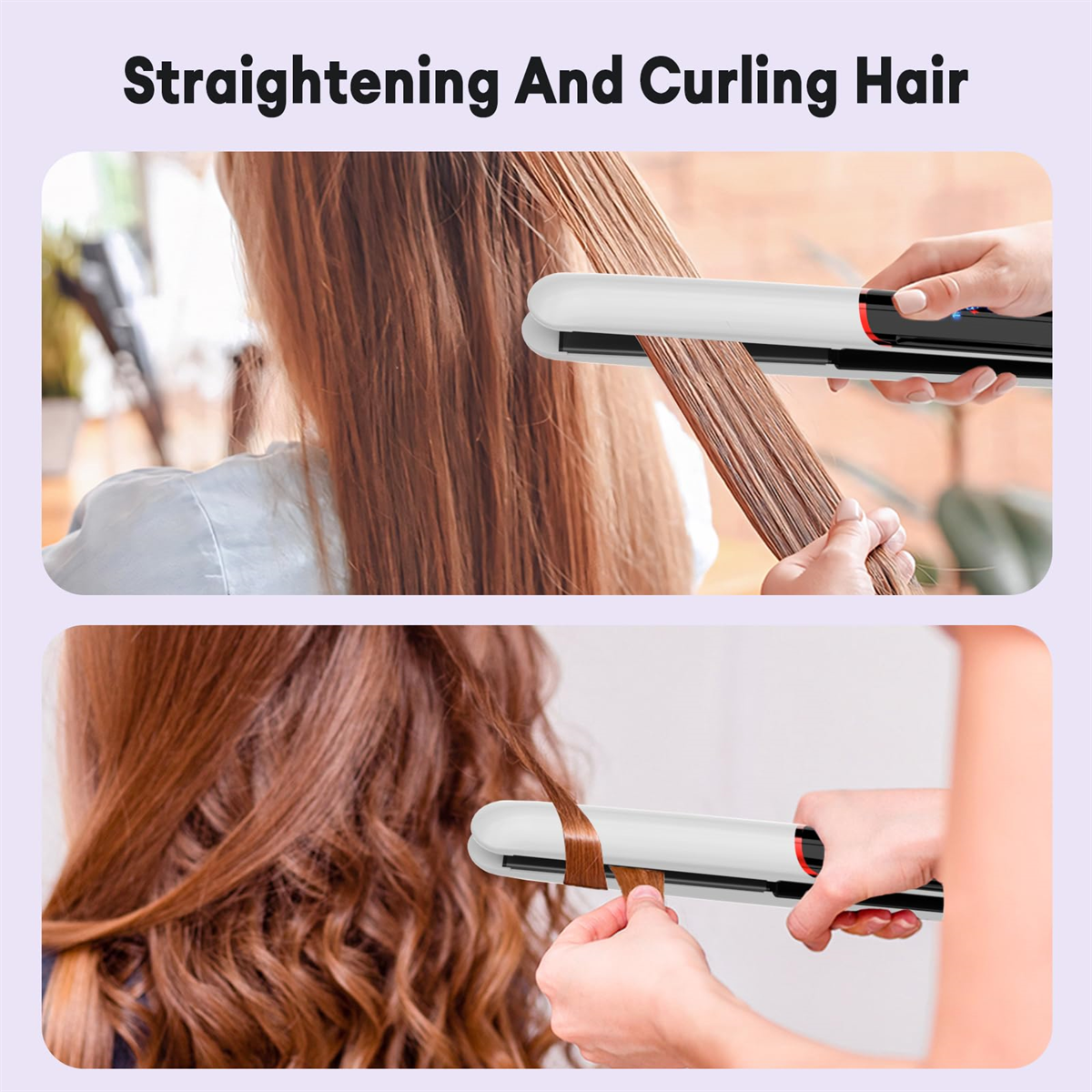Zwei Bilder von Haarglättung und -lockung mit einem Haarglätter. Eine Person benutzt es.