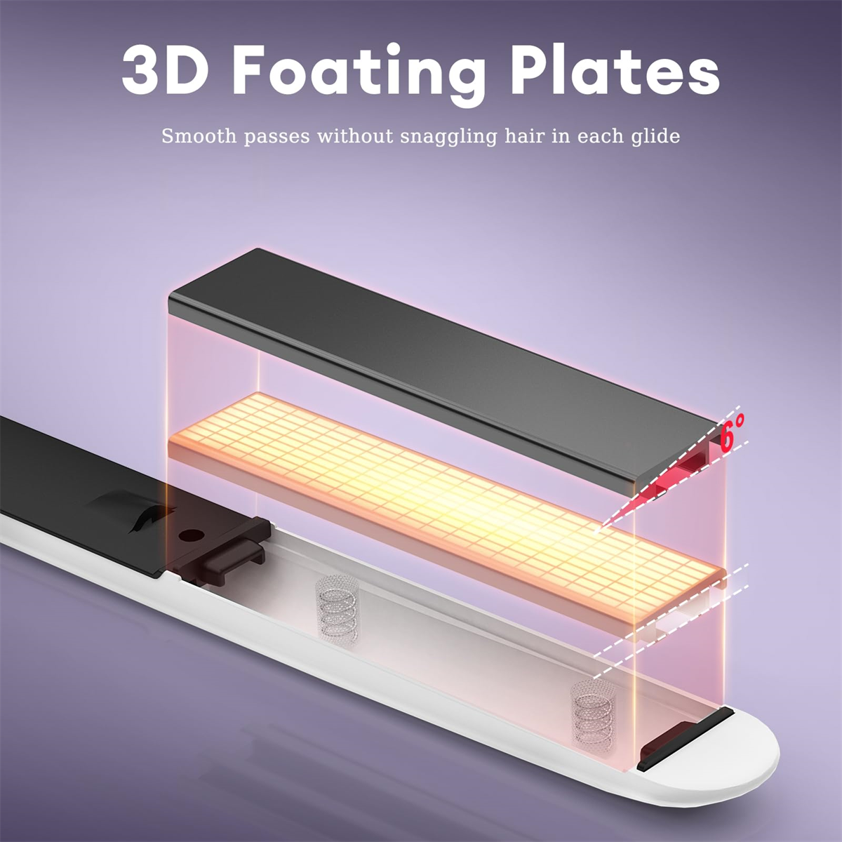 Ein weißes und schwarzes Haarglätteisen mit pinken internen Heizplatten. Text weist auf 3D-Floating-Platten hin.