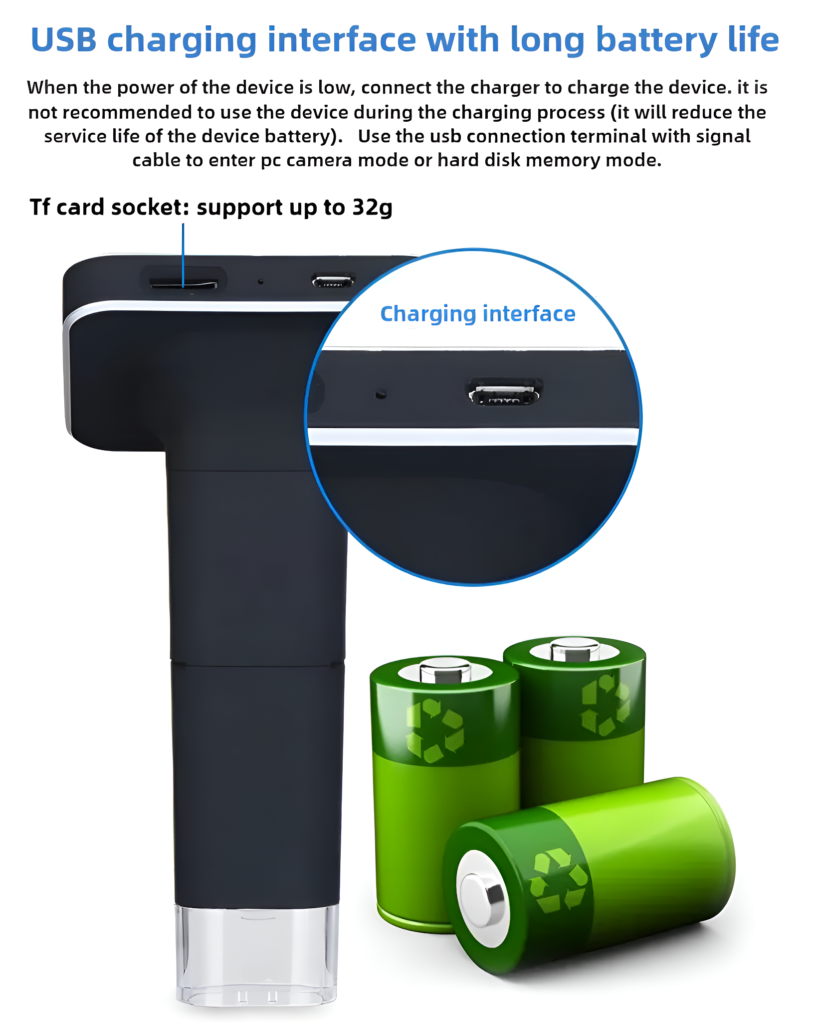 Schwarzes Handgerät mit Ladeanschlüssen und drei grünen Batterien.