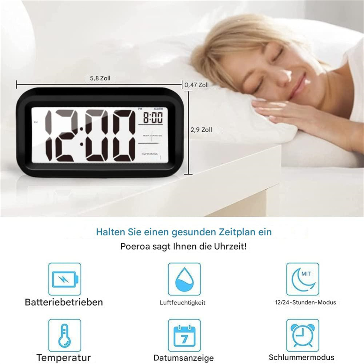 Schwarzer digitaler Wecker mit Maßen, Frau schläft im Bett.