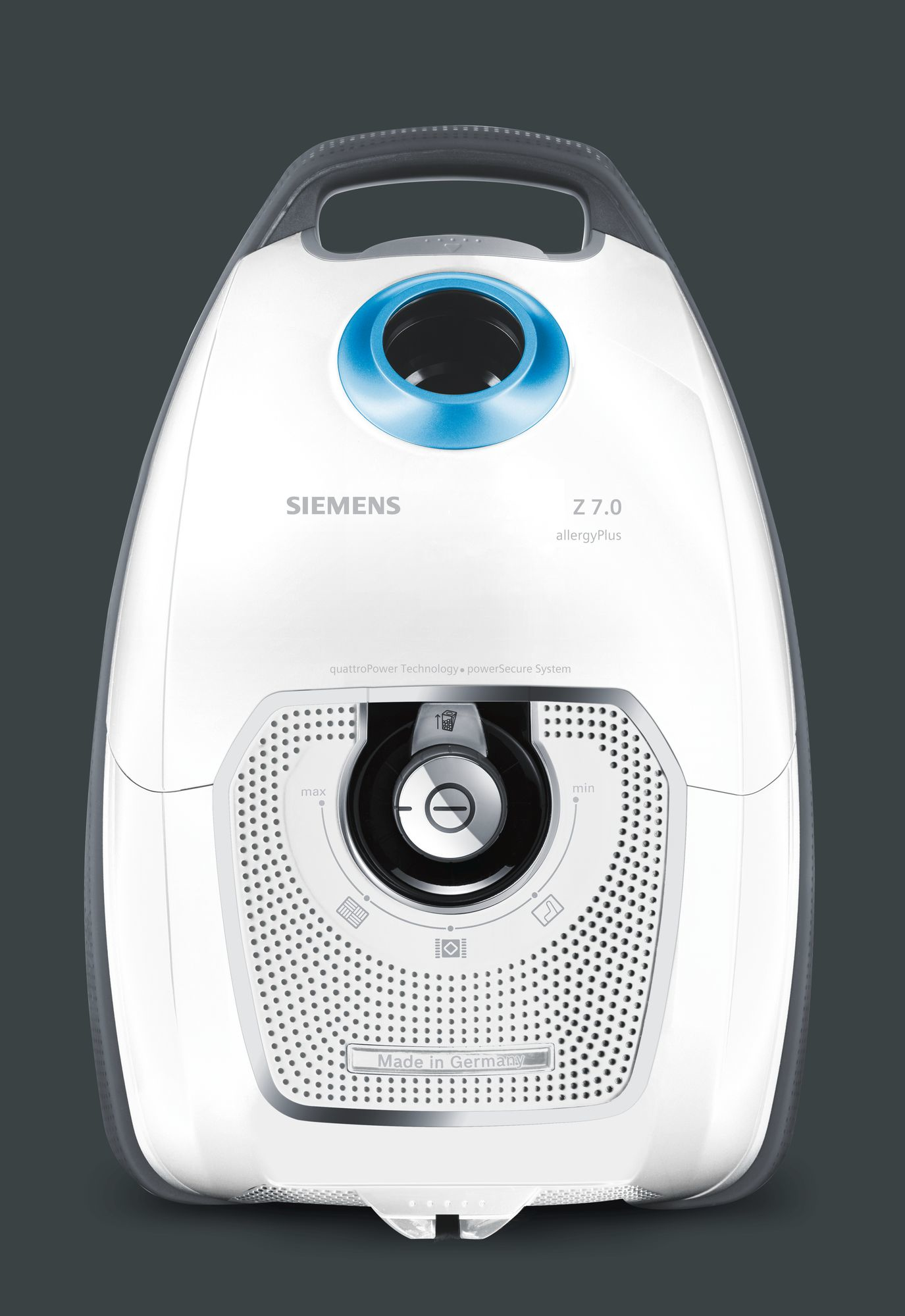 Biały odkurzacz z niebieskim pierścieniem. Szare tło.