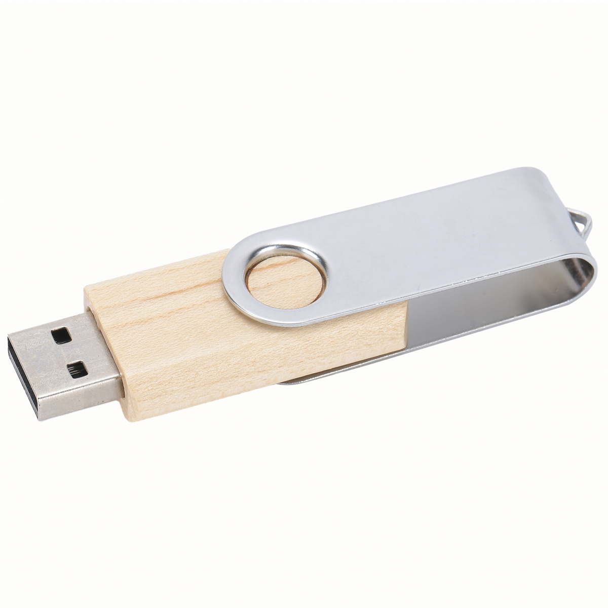 Ein USB-Stick aus Holz mit silbernem Drehverschluss, präsentiert auf weißem Untergrund.