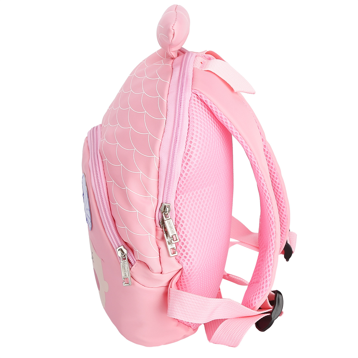 Rosa Rucksack im Meerjungfrauen-Design mit zwei Reißverschlüssen und verstellbaren Trägern.