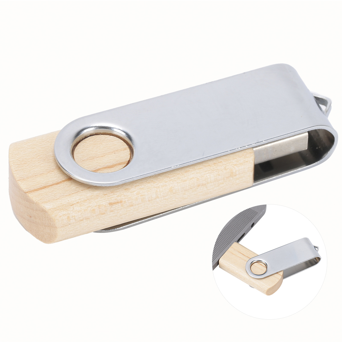 Ein USB-Stick aus Holz mit einem drehbaren Metallschutz. Ein kleineres Bild zeigt es geöffnet mit einer Datei.