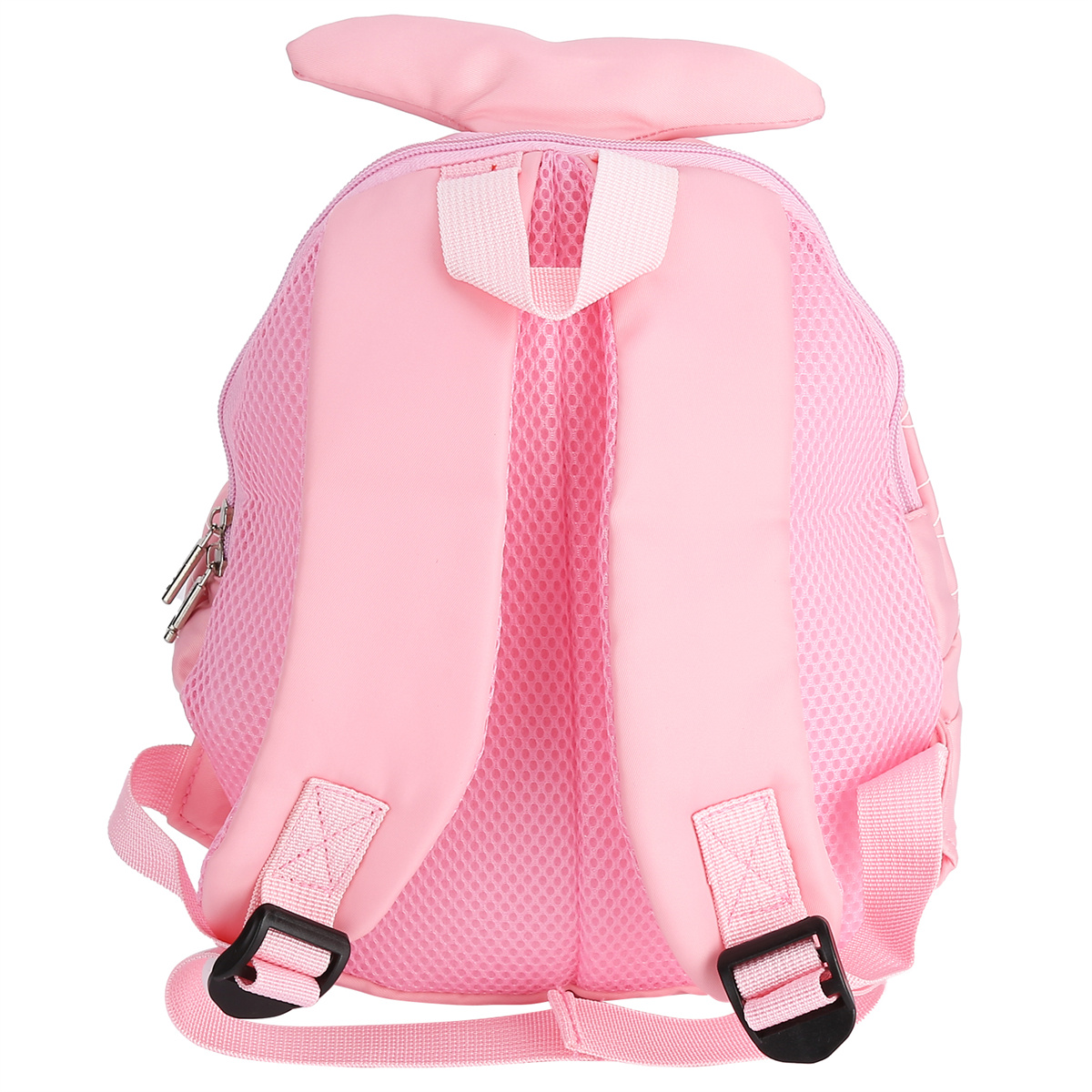 Rosa Rucksack mit Hasenohren, zwei Schultergurten und zwei schwarzen Schnallen, auf weißem Hintergrund.