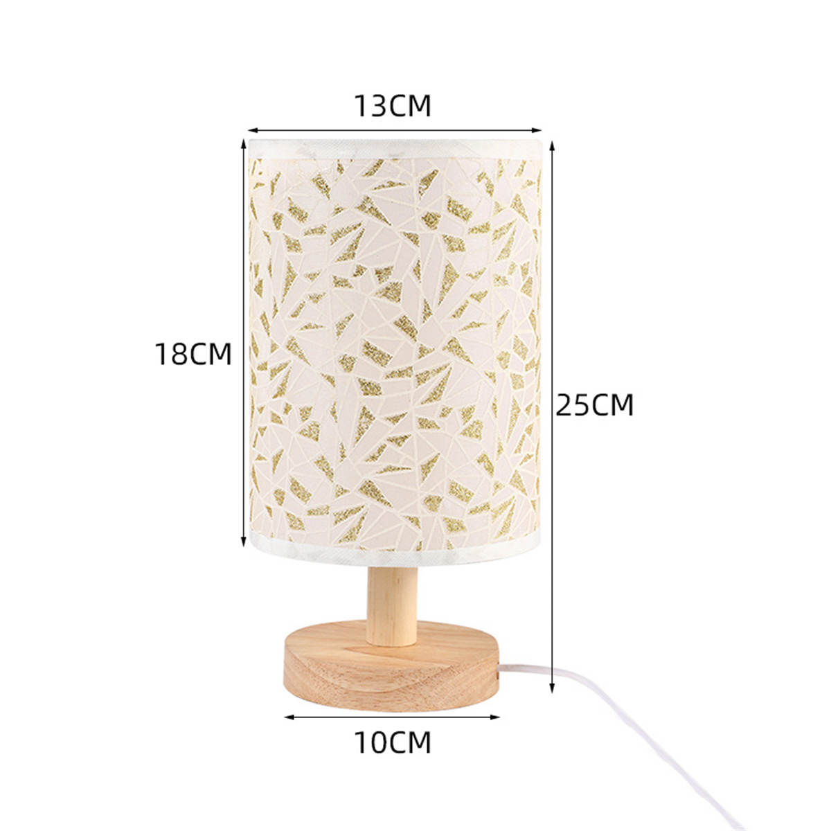 Tischlampe mit Holzsockel, beigem Schirm und goldenen geometrischen Mustern. Abmessungen sind angegeben.