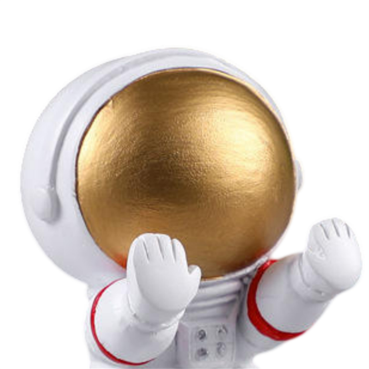 Eine weiße Astronautenfigur mit goldenem Visier, Hände erhoben. Weißer Hintergrund.