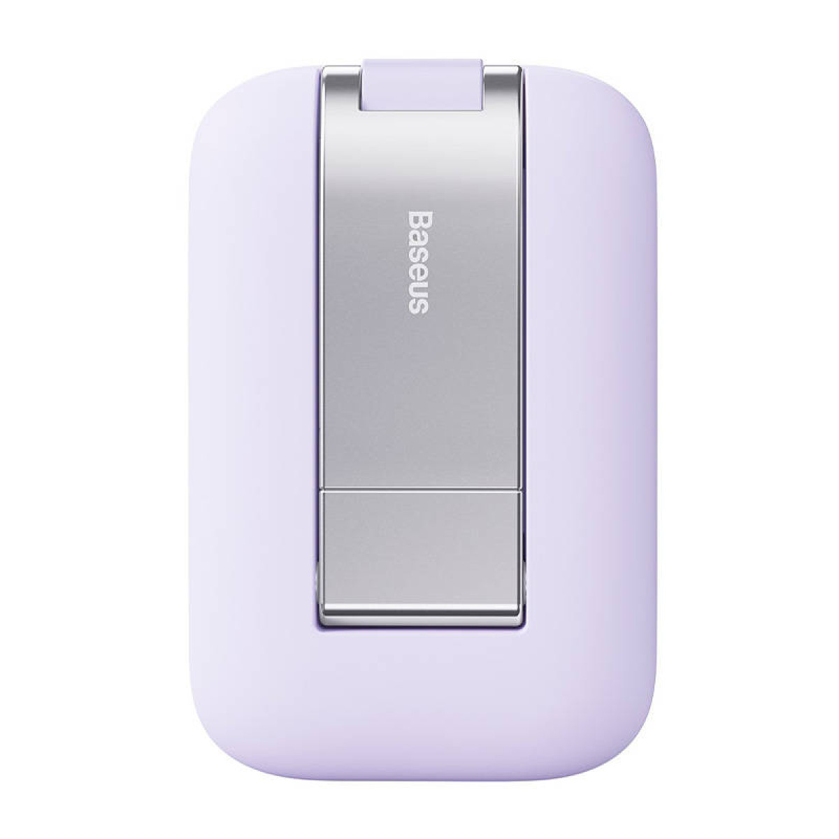 Een paarse telefoonstandaard met het woord "Baseus" erop, van bovenaf gezien.