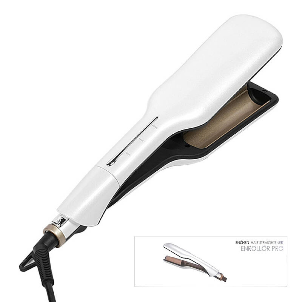 Weißer Haarglätter mit schwarzem Kabel und einem kleinen Bild davon. Der Glätter ist geöffnet.