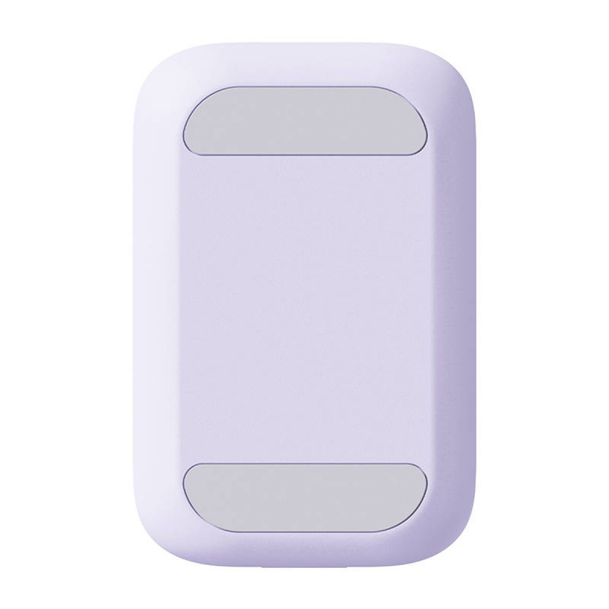 Een lichtpaarse standaard voor een mobiele telefoon met twee grijze pads.