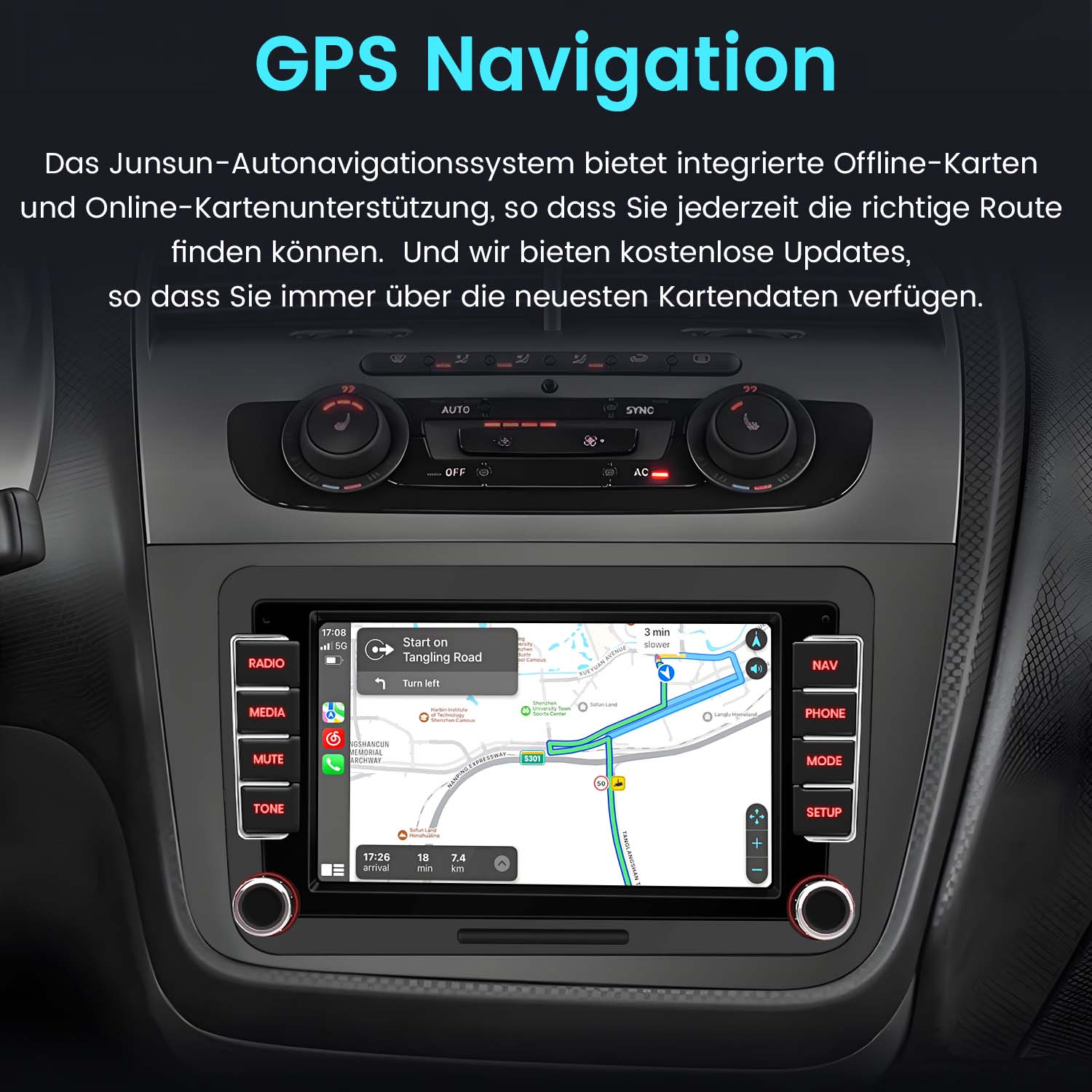 Deska rozdzielcza samochodu z ekranem nawigacji GPS wyświetlającym mapę i wskazówki trasy.
