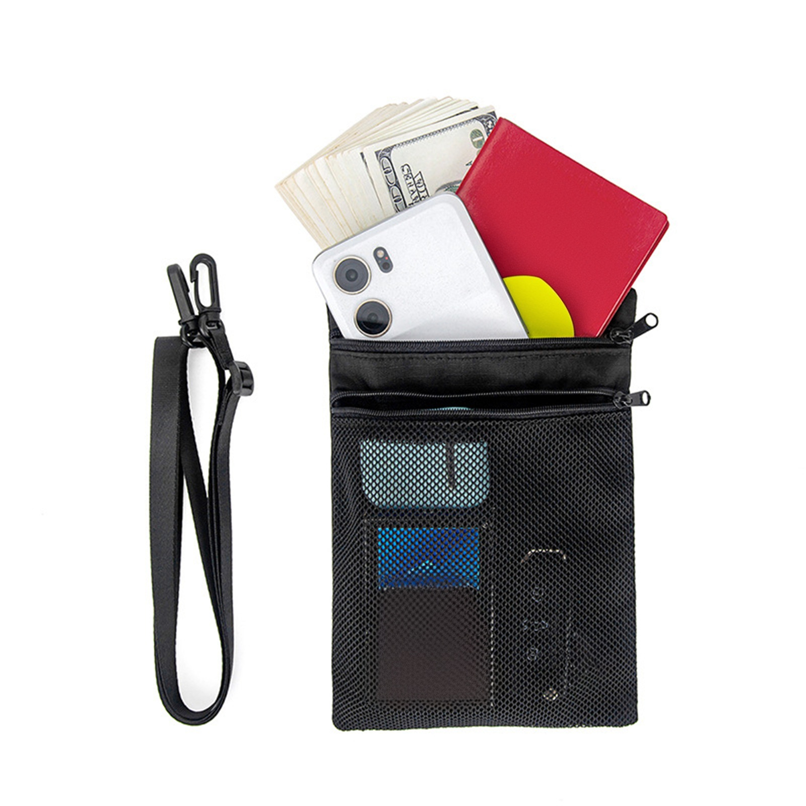Schwarzer Netzbeutel mit Reißverschluss, der Geld, ein Telefon und Karten enthält, mit einem Riemen an der Seite.