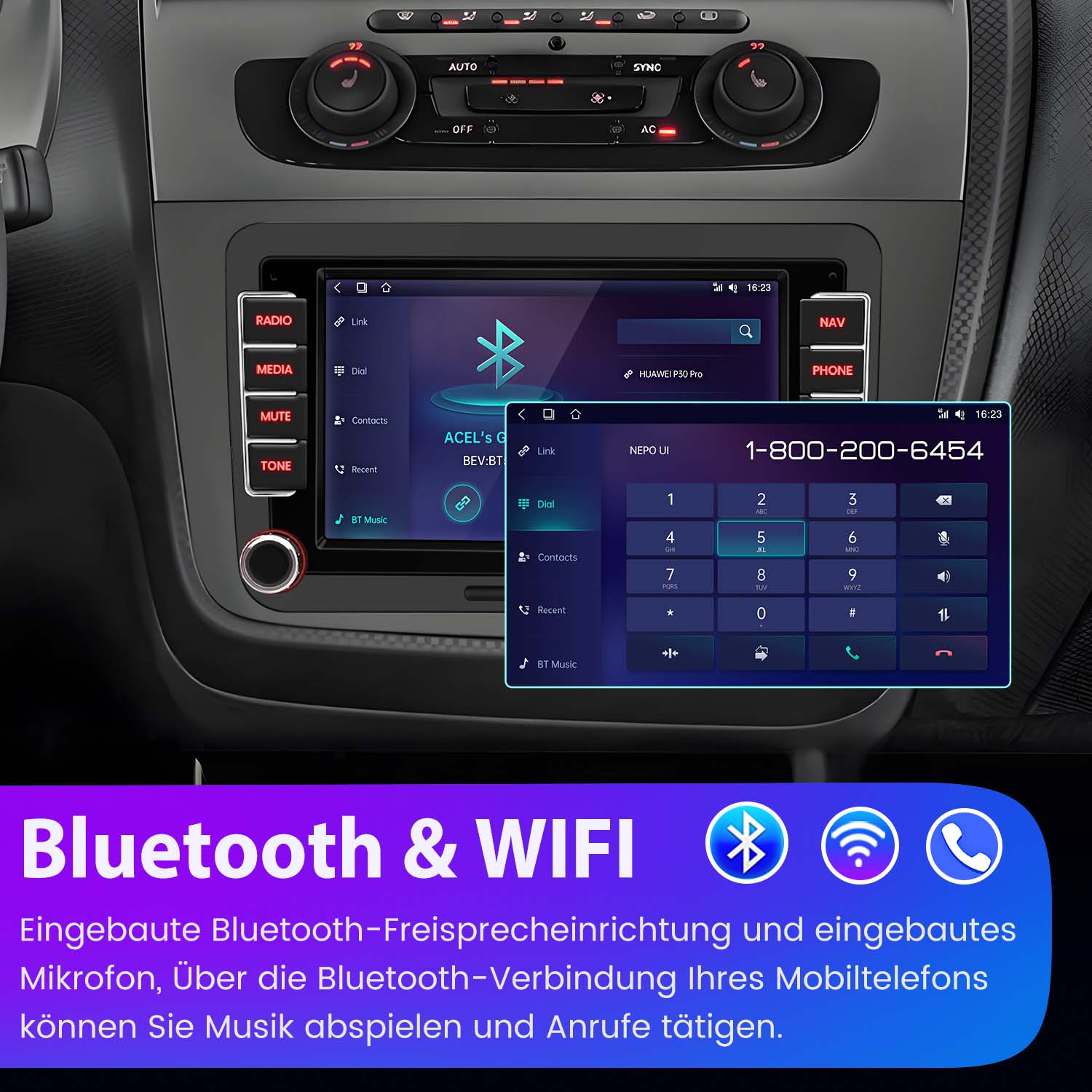 Panel samochodowy z ekranem pokazującym interfejs telefonu. Logo Bluetooth i WiFi na dole.