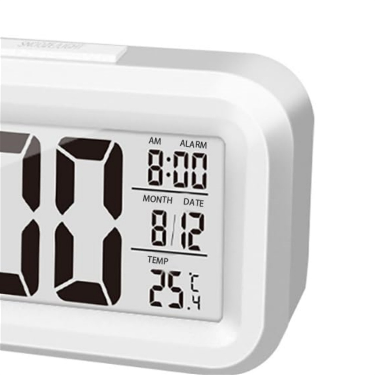Weißer digitaler Wecker mit Anzeige von Uhrzeit, Datum und Temperatur.