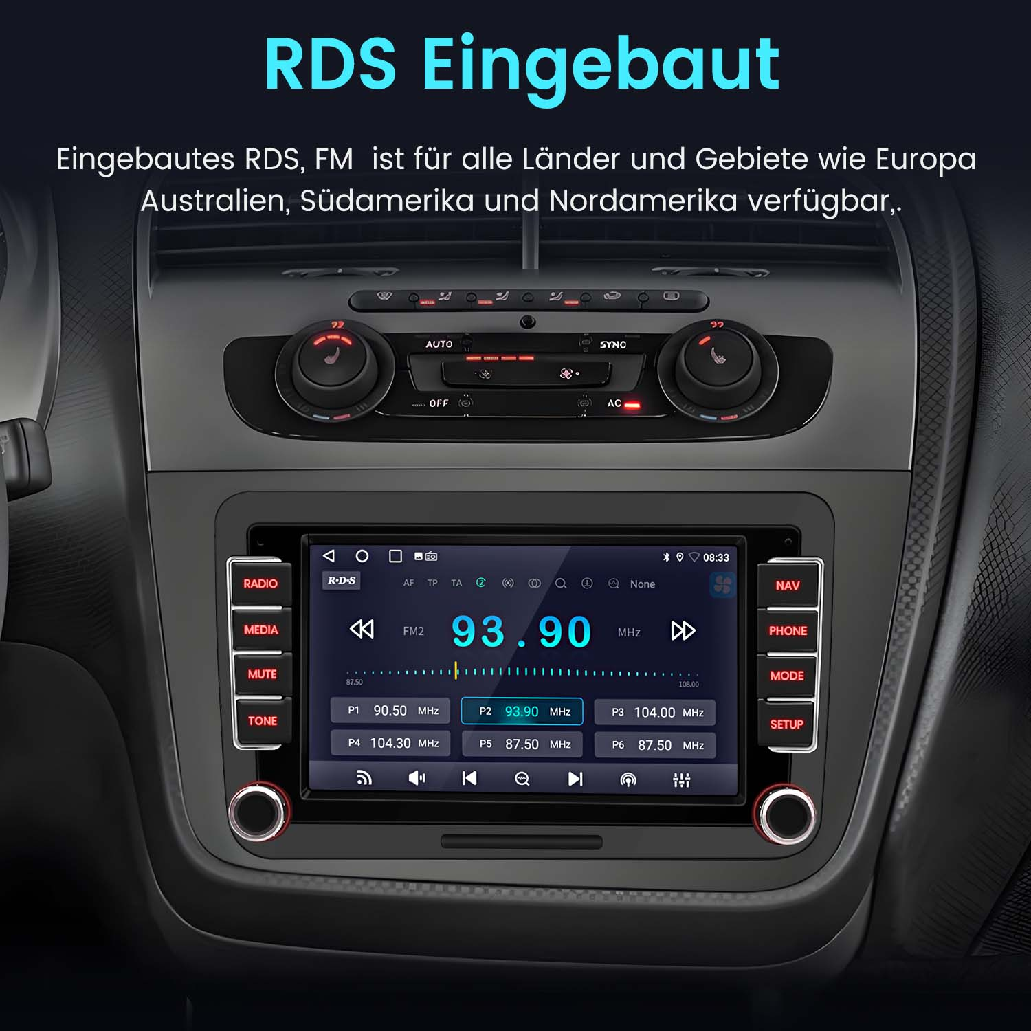 Radio samochodowe z ekranem, przyciskami i tekstem. Tekst RDS eingebaut na górze.