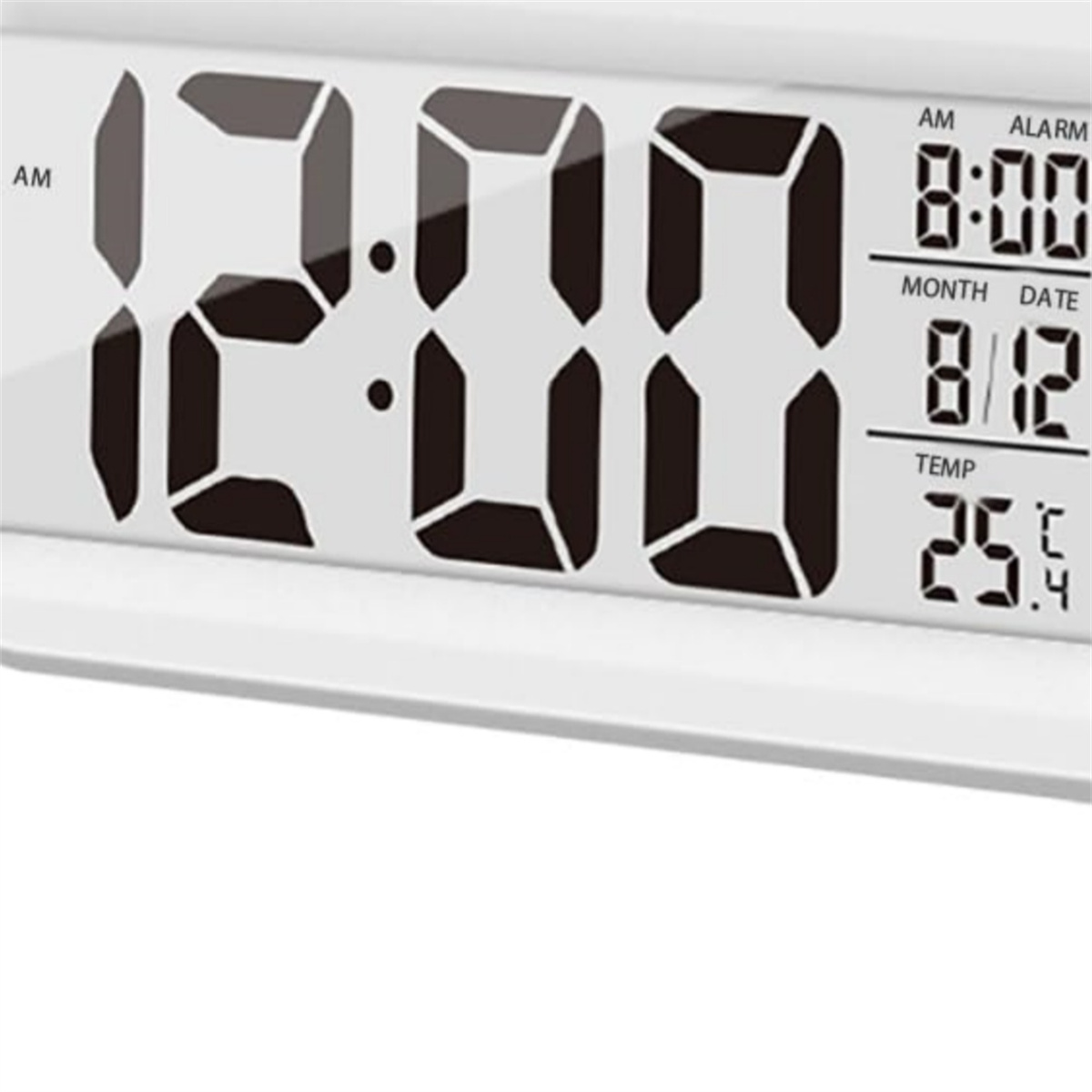 Weiße Digitaluhr mit der Anzeige 12:00. 'AM', 'ALARM', 'MONTH', 'DATE' und 'TEMP' werden angezeigt.
