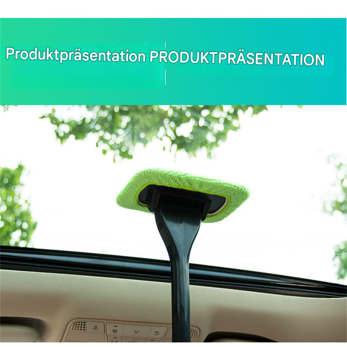 Ein grünes Reinigungswerkzeug auf dem Schiebedach eines Autos mit dem Text 'Produktpräsentation PRODUCT PRESENTATION'.