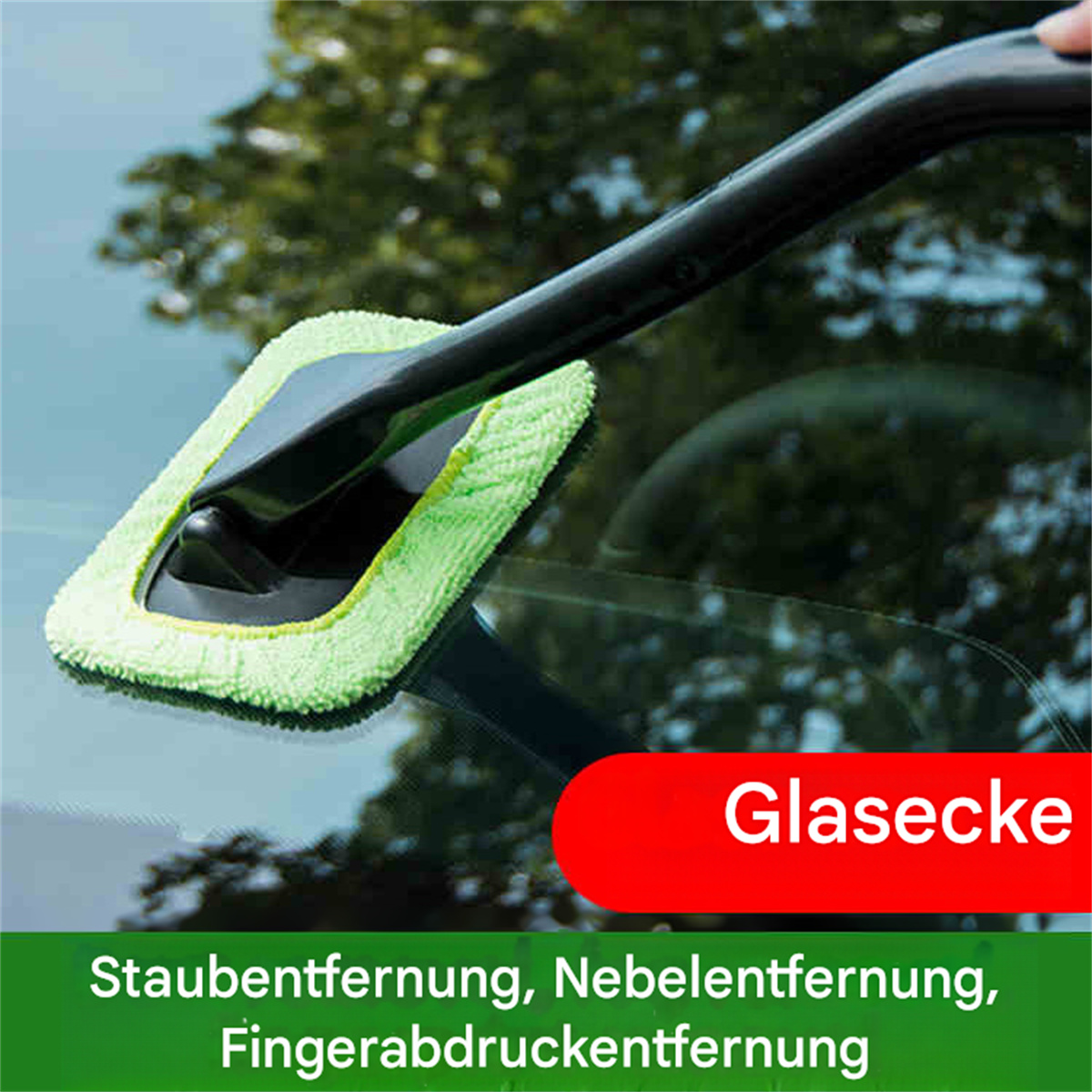 Ein grüner Fensterreiniger mit Text: Staub-, Nebel- und Fingerabdruckentfernung.
