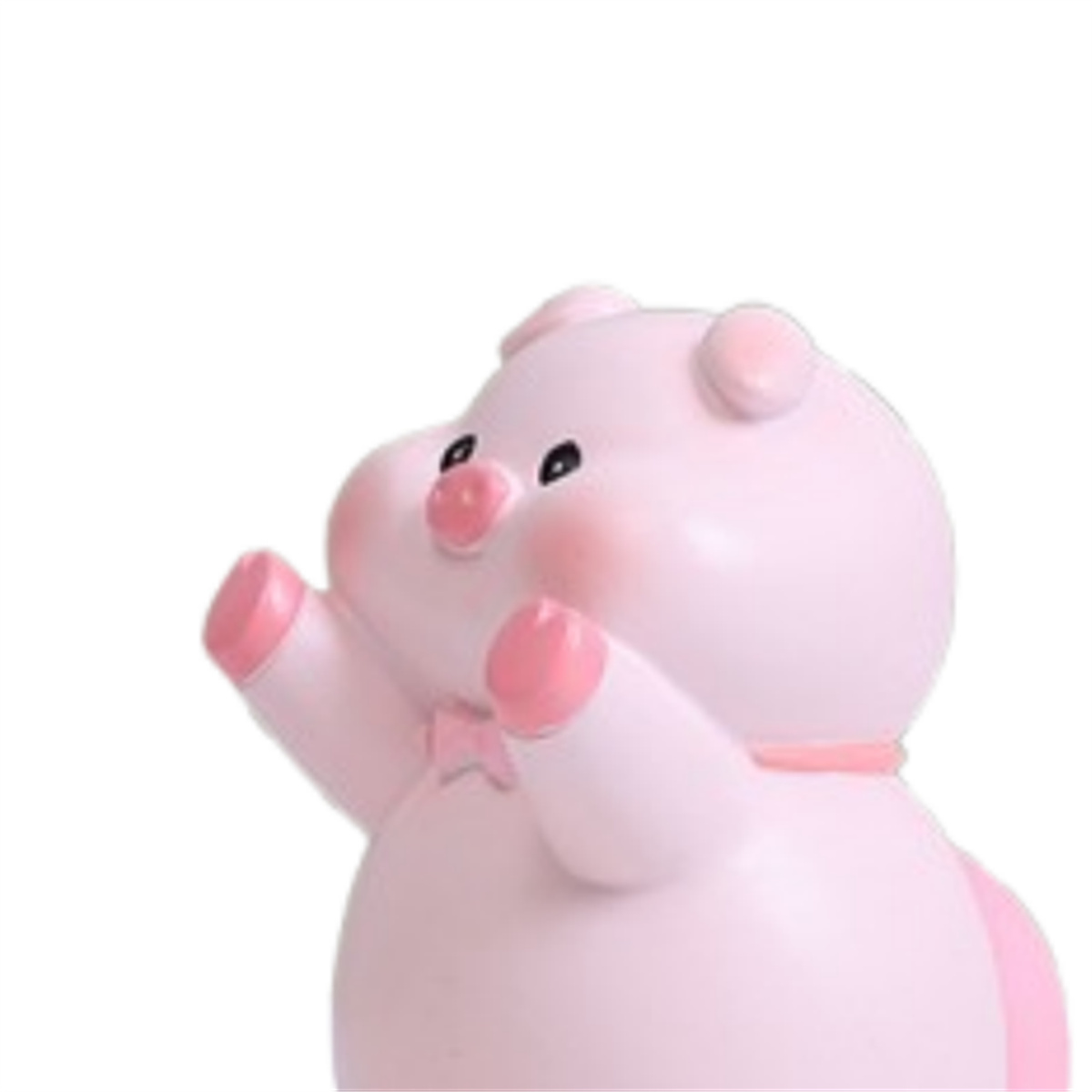 Ein rosa Sparschwein mit erhobenen Armen, das eine spielerische Pose zeigt.