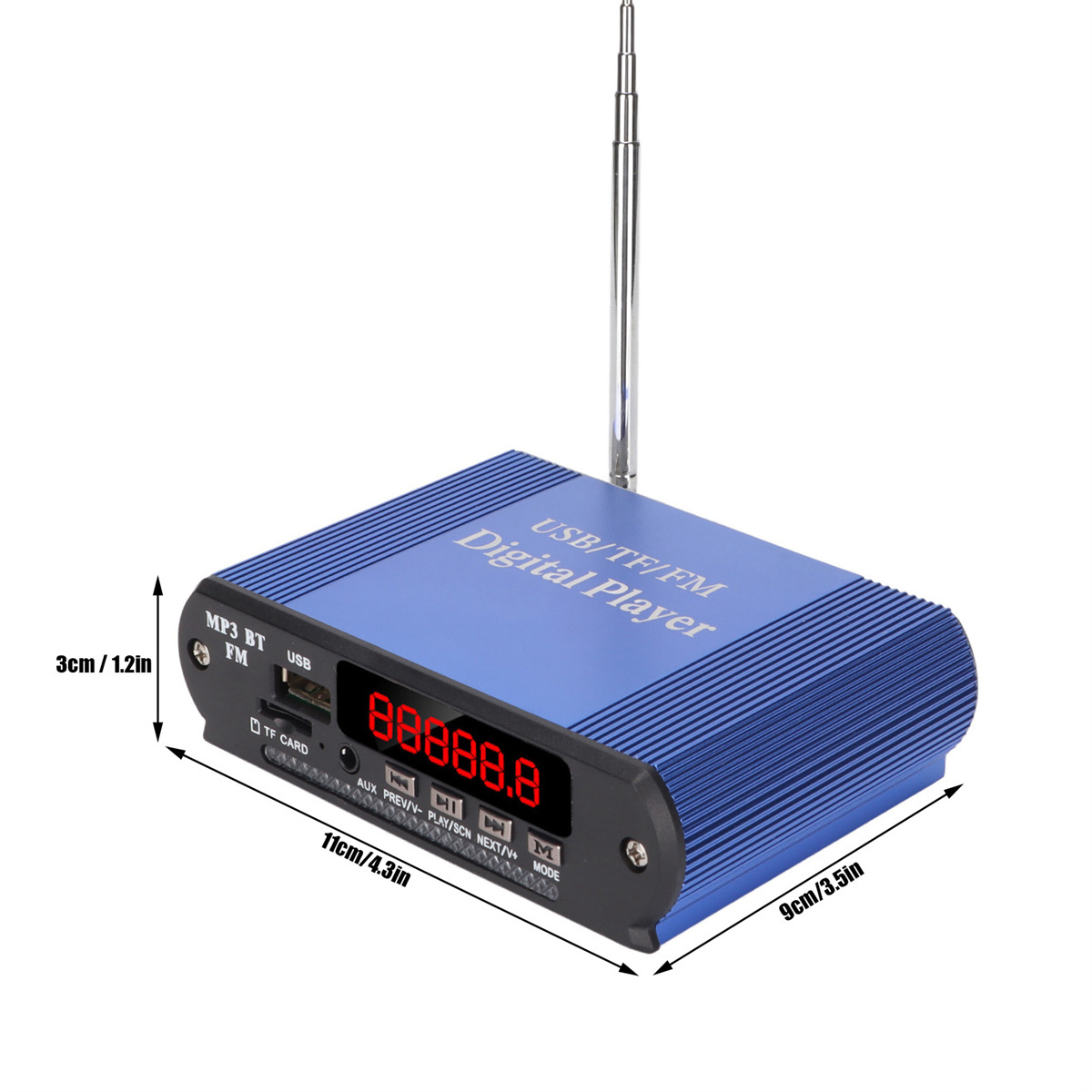 Blauer Digital-Player mit Maßen und Anzeige mit Zahlen. Hat eine kleine Antenne.