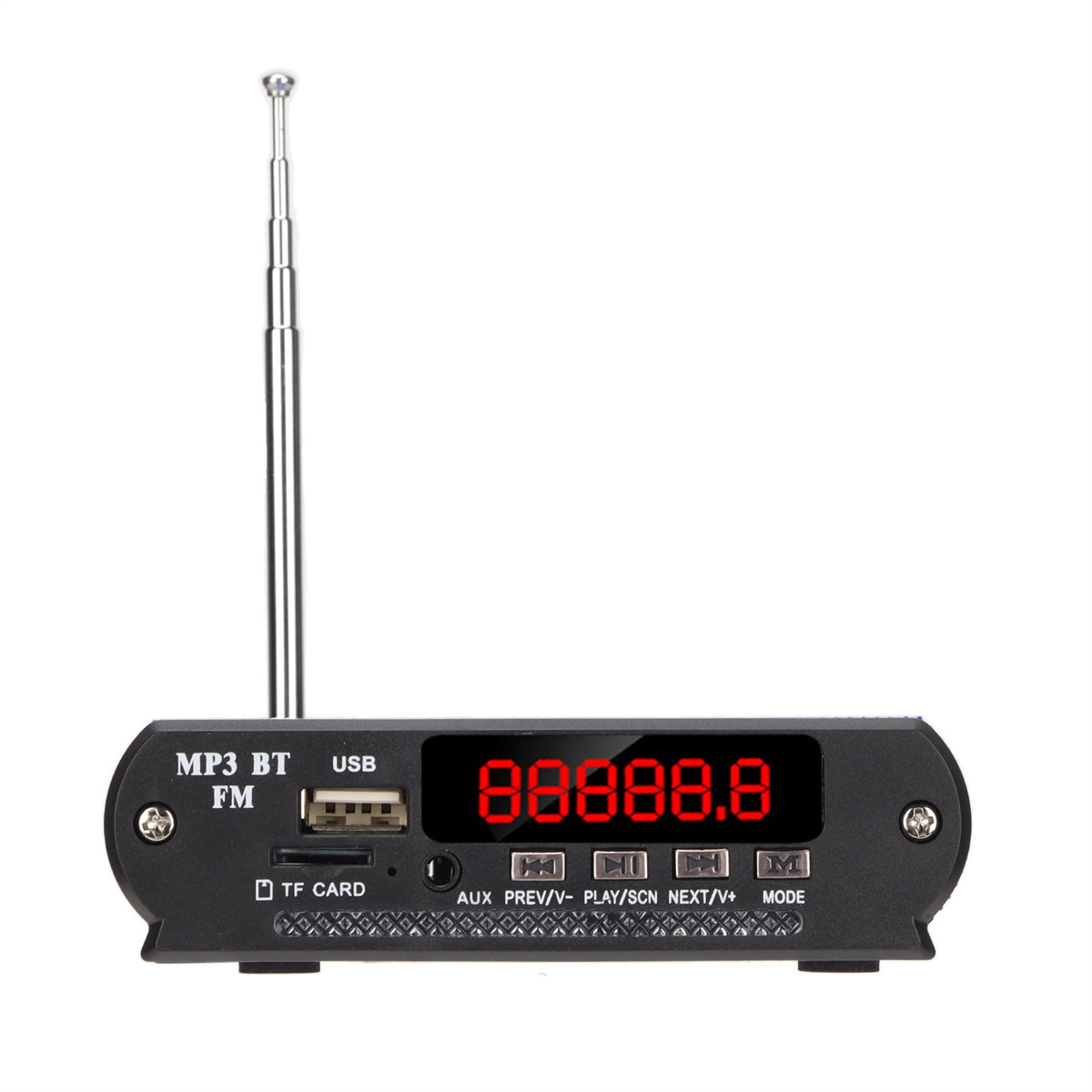 Schwarzer digitaler MP3-Player mit Bildschirm, Knöpfen und Antenne. Weißer Hintergrund.