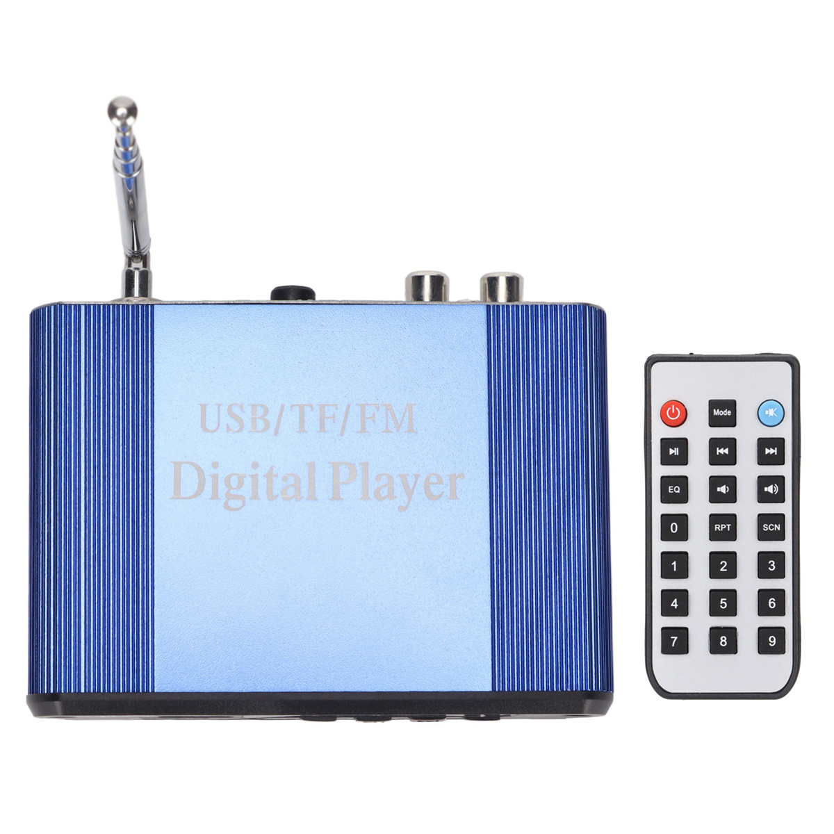 Blau-schwarzer Digitalplayer mit Antenne und Fernbedienung. Text: USB/TF/FM Digital Player.