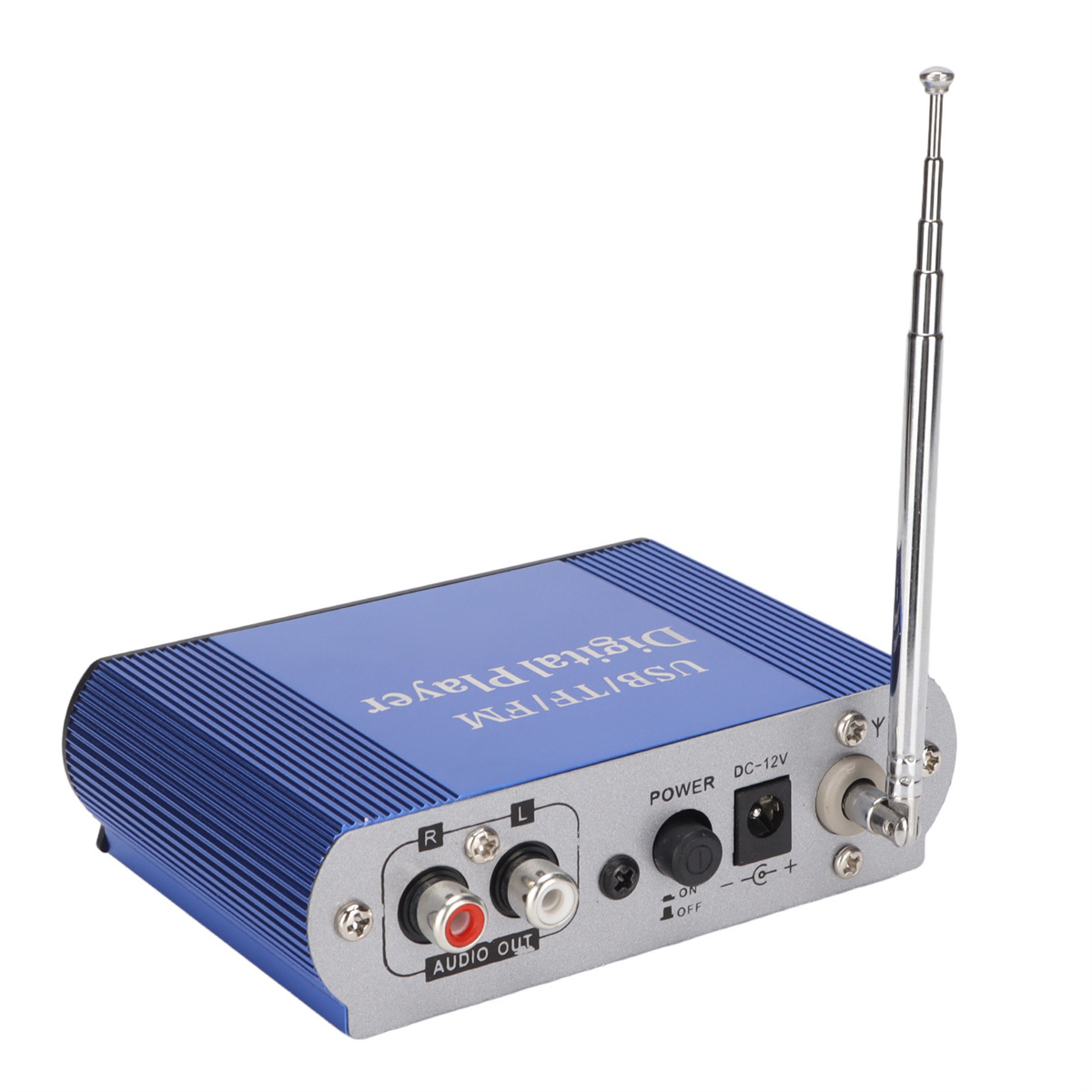 Ein kleiner blau-silberner USB/TF/FM-Digitalplayer mit Antenne und Anschlussports.