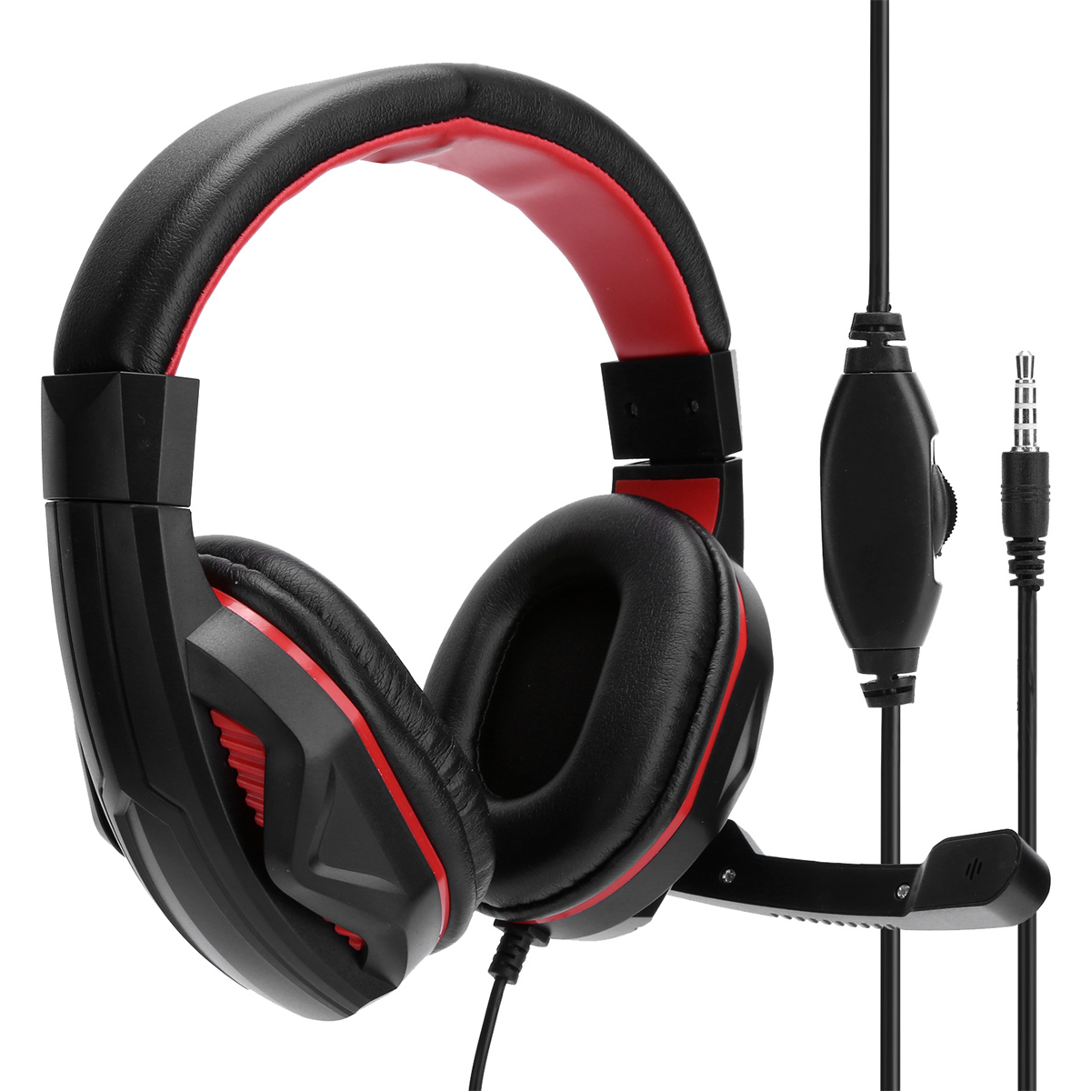 Schwarze und rote Gaming-Kopfhörer mit Mikrofon und Lautstärkeregler.