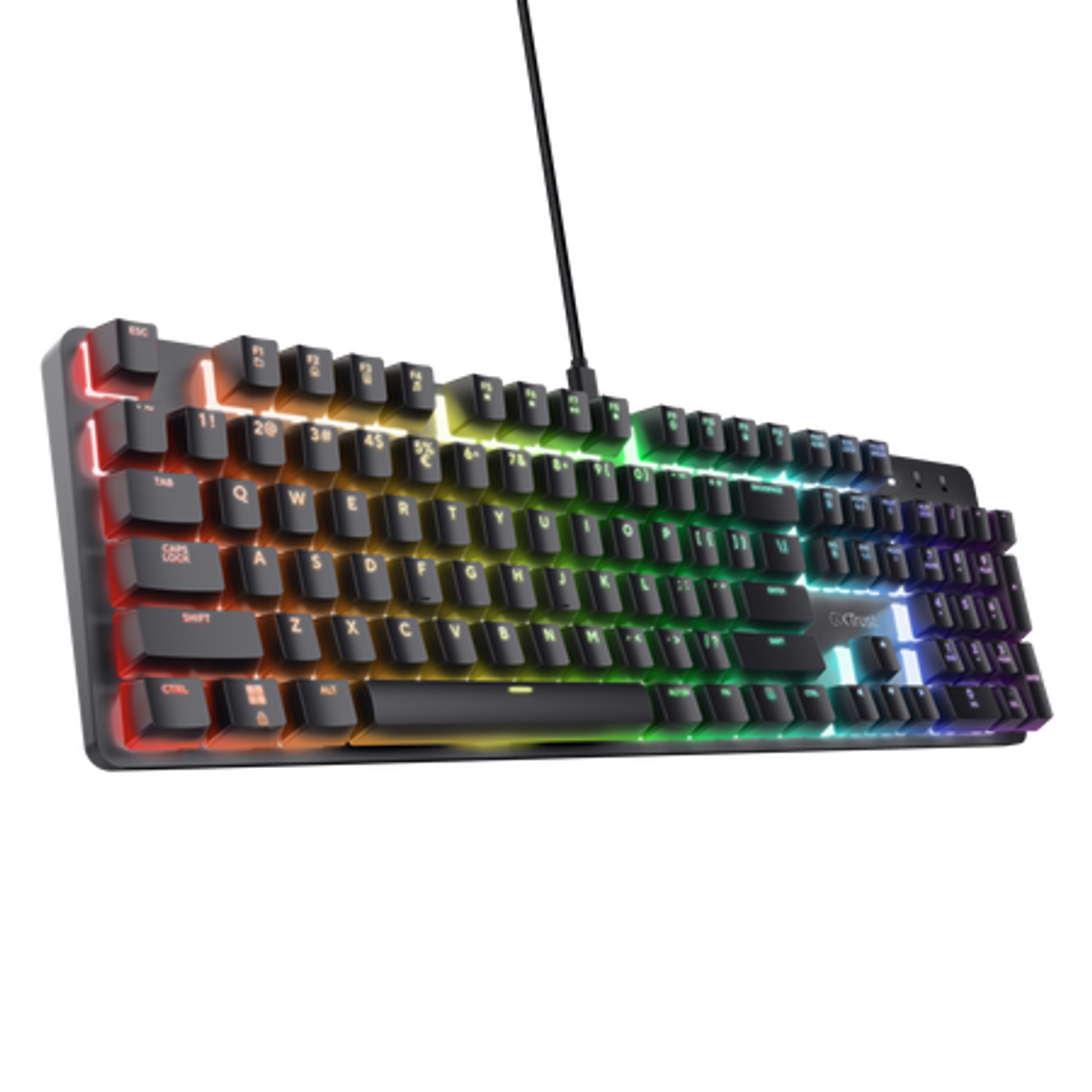 Schwarze Tastatur mit farbigen, hintergrundbeleuchteten Tasten. GXT Trust Logo sichtbar.