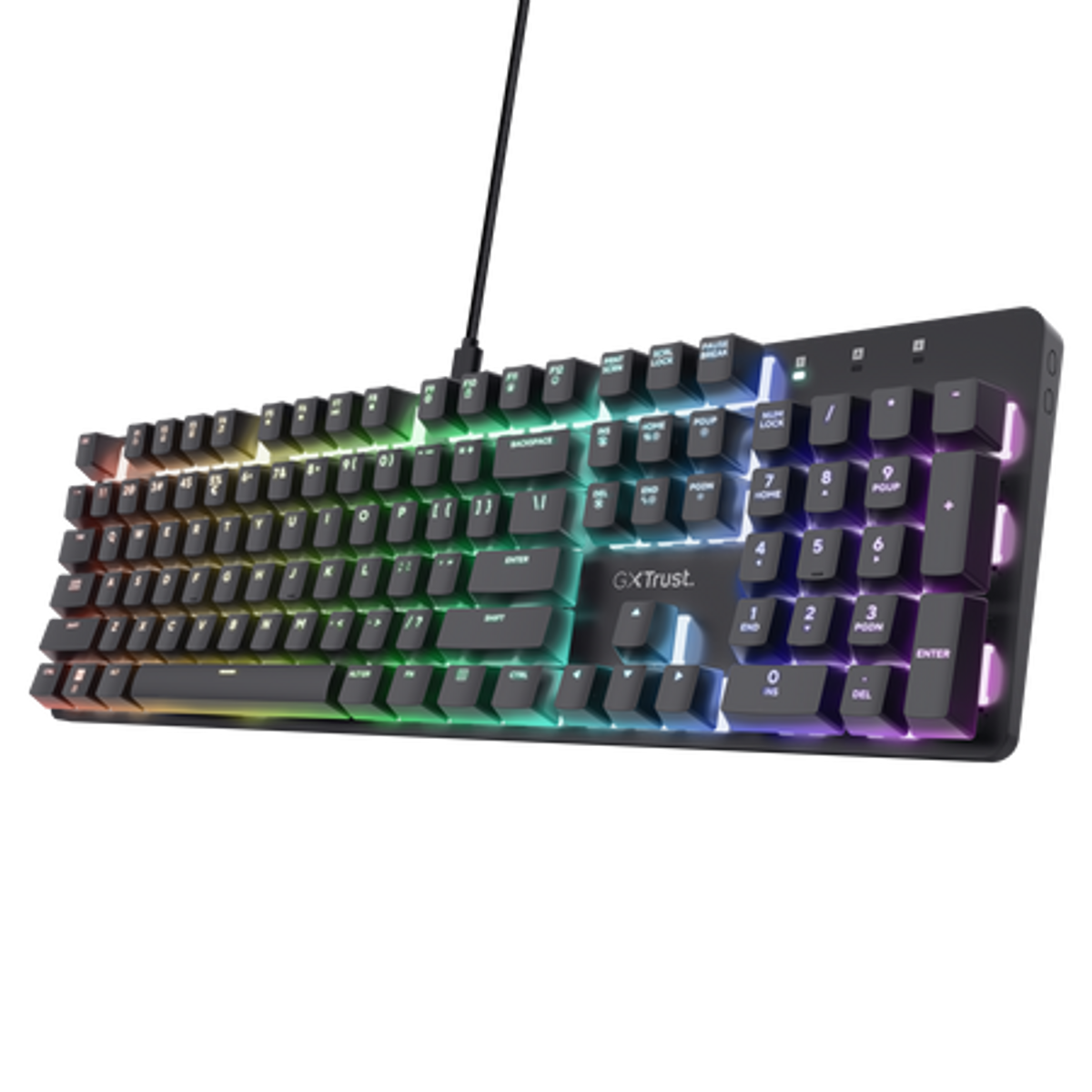 Eine schwarze Tastatur mit regenbogenfarbenen Tasten wird gezeigt.