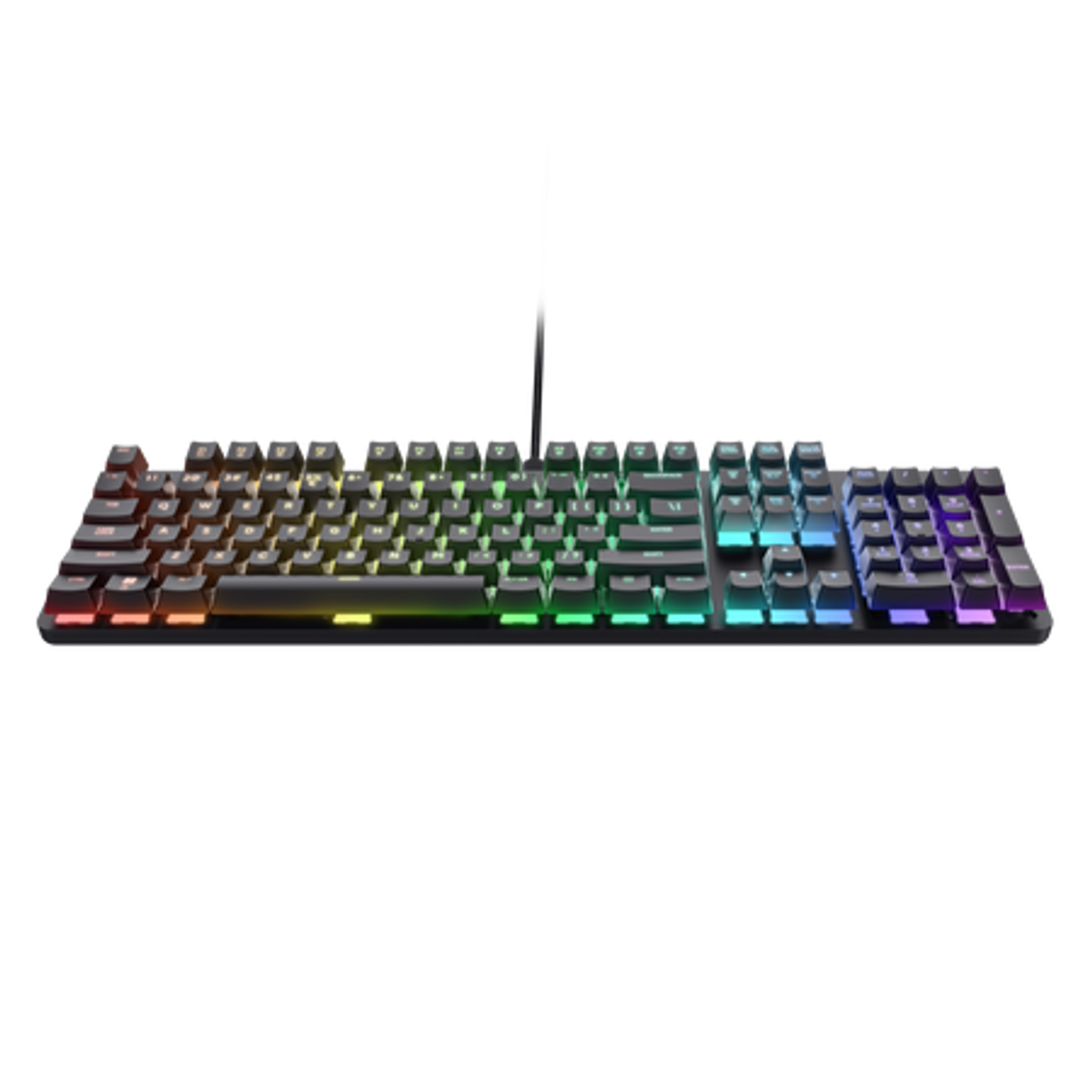 Schwarze mechanische Tastatur mit RGB-Beleuchtung. Tasten sichtbar. Schwarzer Hintergrund.