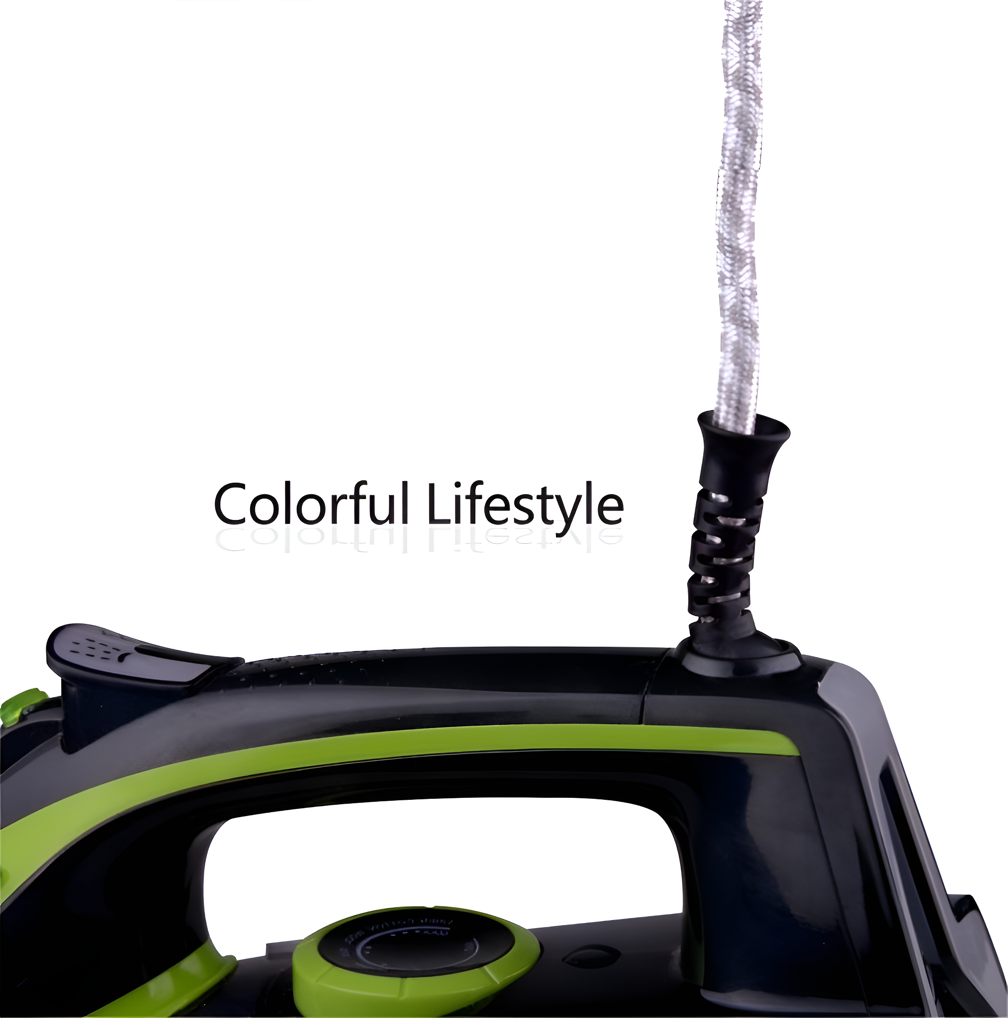 Schwarzes und grünes Bügeleisen mit weißem Kabel, zeigt die Worte "Colorful Lifestyle".