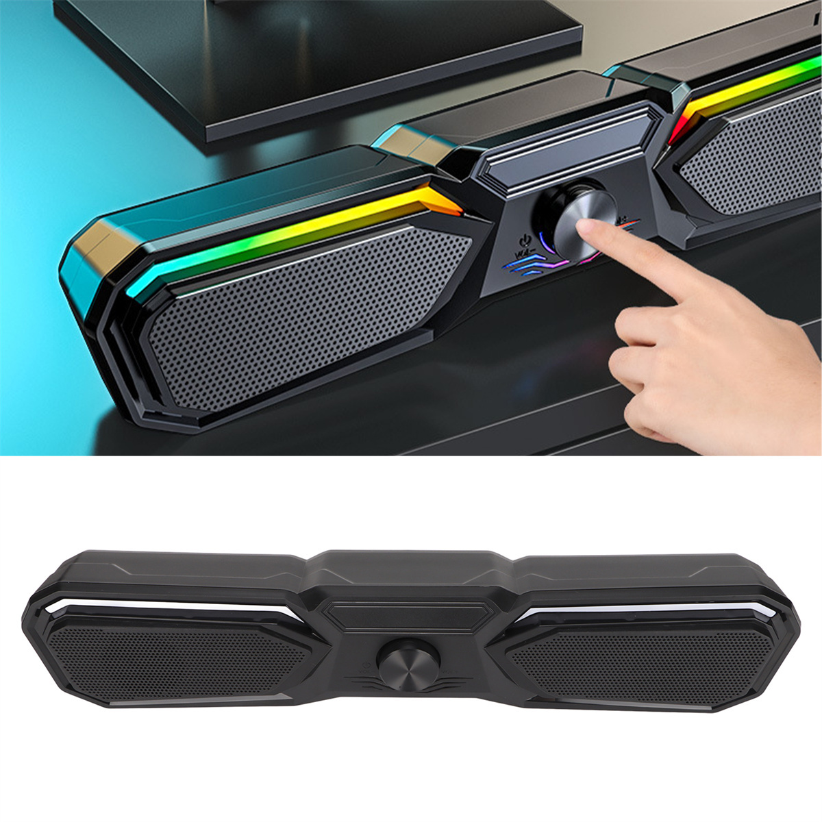 Schwarze Soundbar mit RGB-Lichtern, eine Hand, die die Lautstärke einstellt. Das andere Bild zeigt die Soundbar allein.