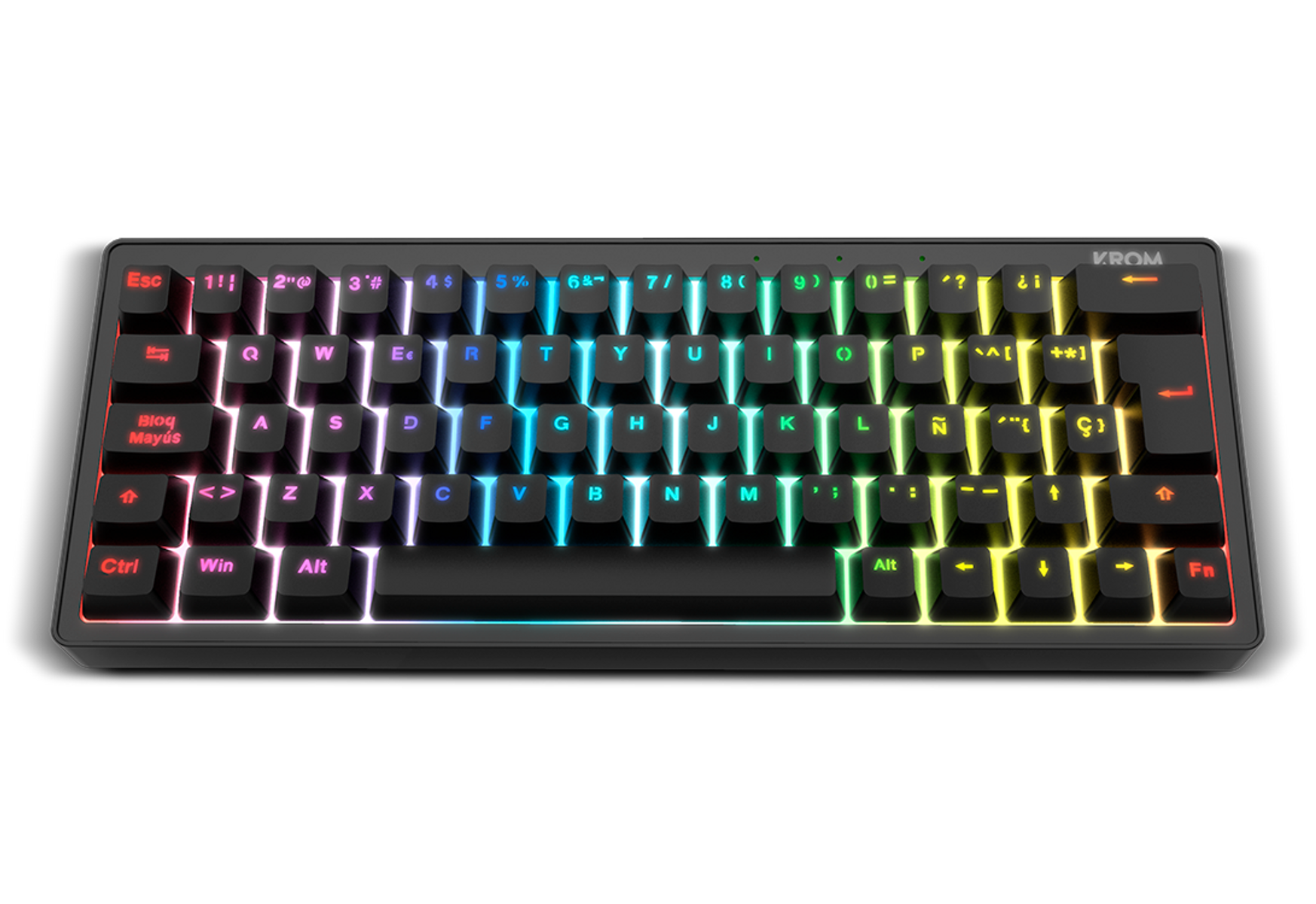 Teclado negro con teclas retroiluminadas. Marca KROM visible arriba a la derecha.