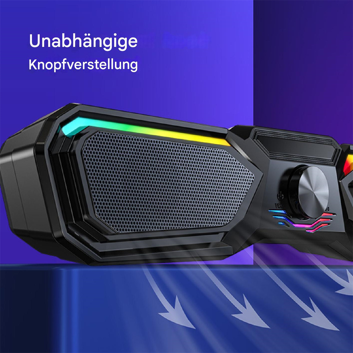 Ein schwarzer Lautsprecher mit bunten Lichtern. Der Lautsprecher hat einen Grill und einen Drehregler.