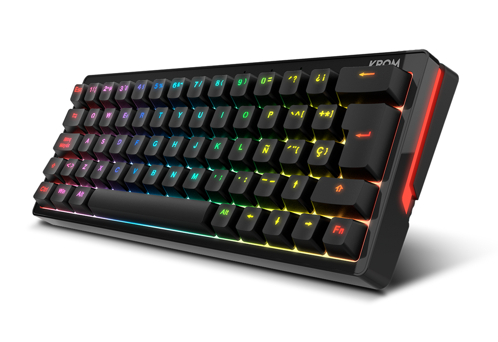 Un teclado negro con teclas de colores arcoíris, detalles laterales iluminados, fondo negro.